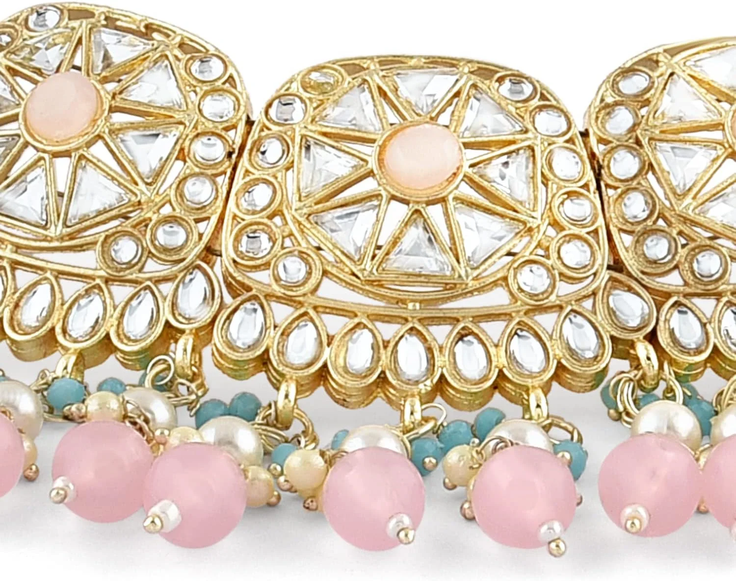 زیوری پرلز، ست گردنبند چوکر، گوشواره، مانگ تیکا و انگشتر زنانه با مهره های فیروزه ای آبی و صورتی و نگین های کندان - ZPFK16015 زیوری پرلز، ست گردنبند چوکر، گوشواره، مانگ تیکا و انگشتر زنانه با مهره های فیروزه ای آبی و صورتی و نگین های کندان - ZPFK16015