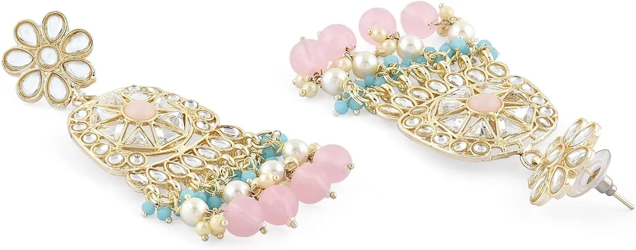 زیوری پرلز، ست گردنبند چوکر، گوشواره، مانگ تیکا و انگشتر زنانه با مهره های فیروزه ای آبی و صورتی و نگین های کندان - ZPFK16015 زیوری پرلز، ست گردنبند چوکر، گوشواره، مانگ تیکا و انگشتر زنانه با مهره های فیروزه ای آبی و صورتی و نگین های کندان - ZPFK16015