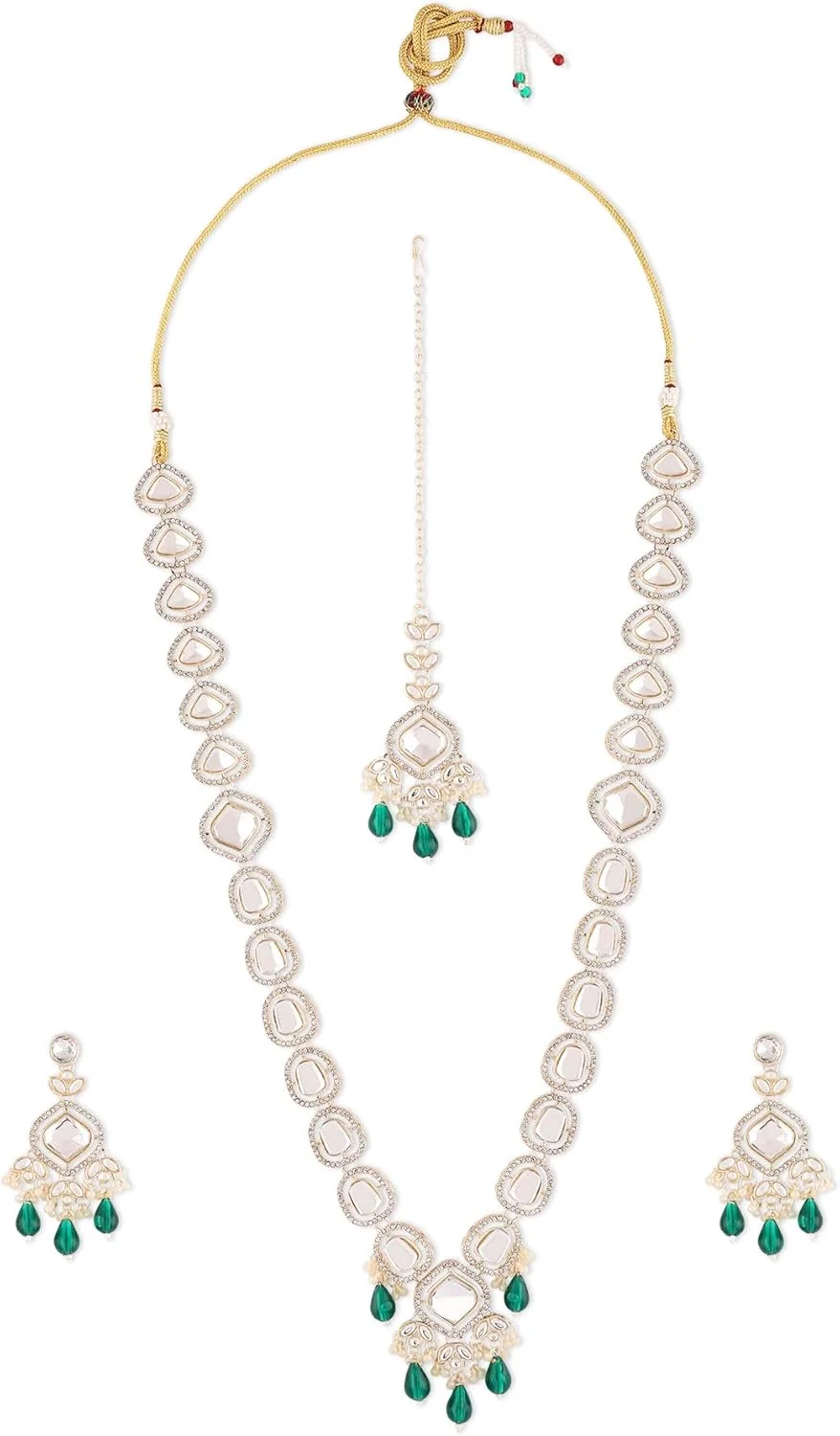 زیوری پرلز ست گردنبند بلند عروس، گوشواره و مانگ تیکا زنانه مزین به کندان سبز، الماس اتریشی، سنگ های مصنوعی و مهره - ZPFK16924