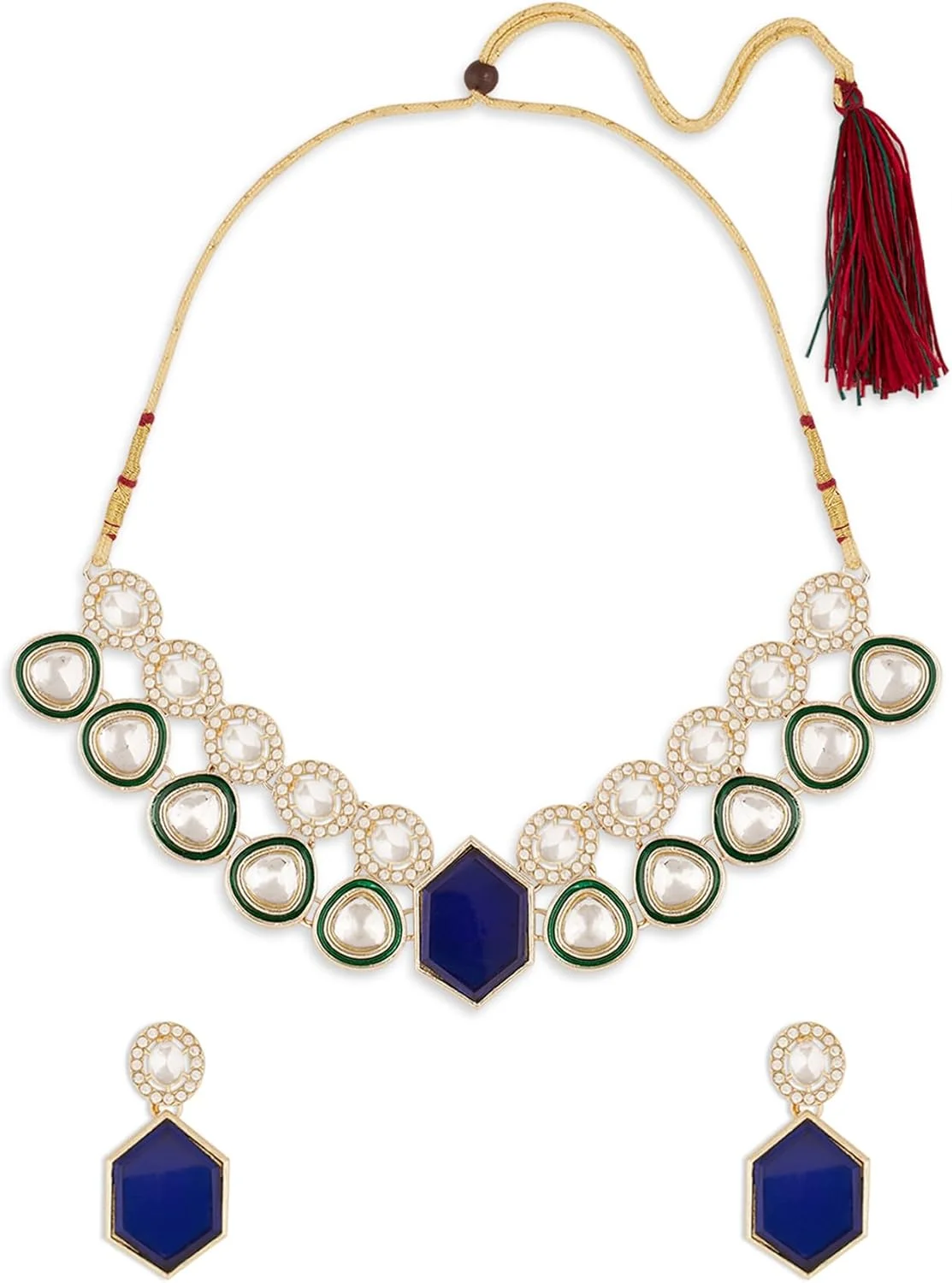 ZAVERI PEARLS گردنبند و گوشواره زنانه نگین آبی و میناکاری سبز مدل ZPFK18340