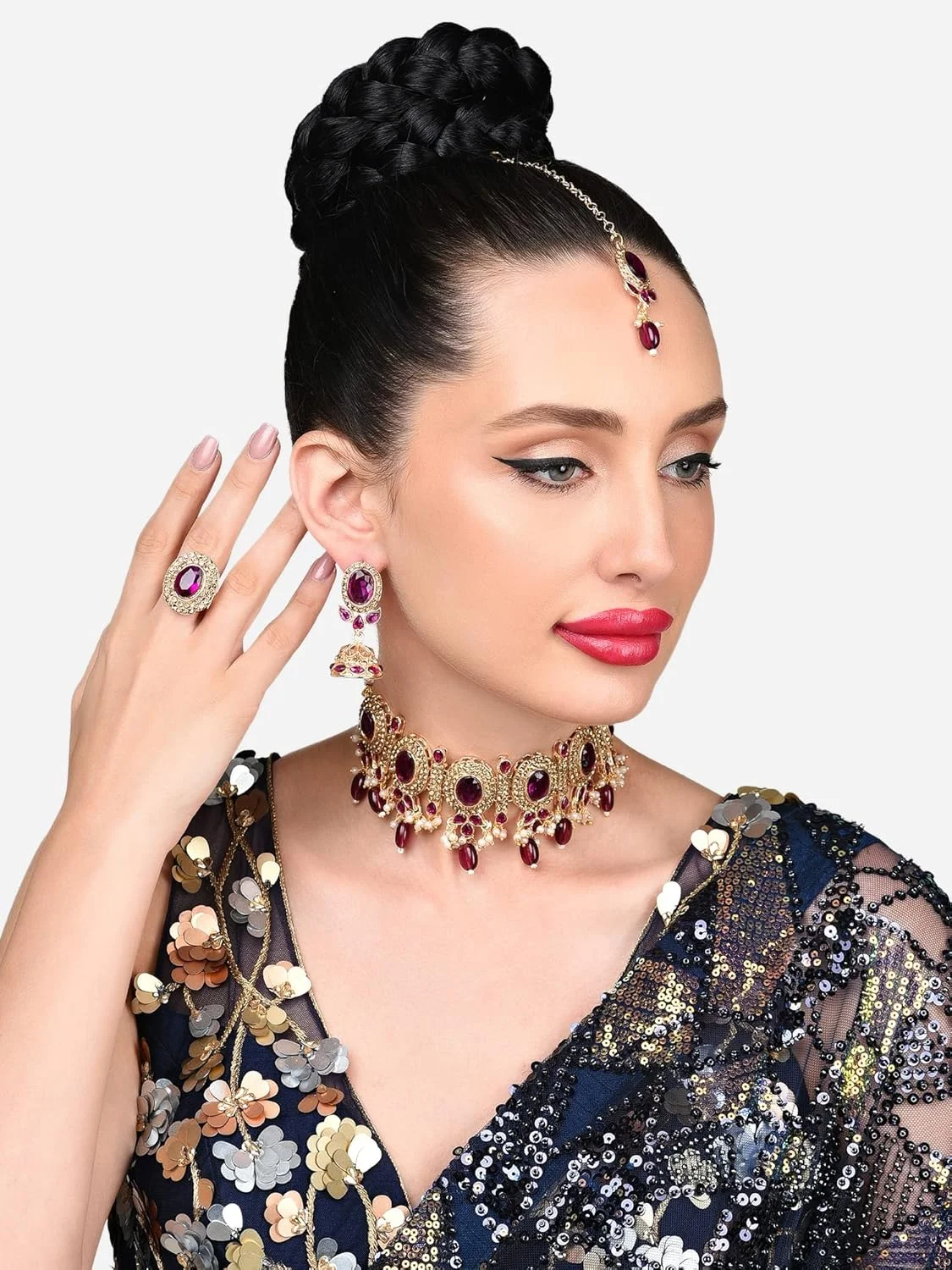 زیوری پرلز ست گردنبند چوکر بنفش خیره کننده قومی، گوشواره، مانگ تیکا و انگشتر زنانه - ZPFK15922