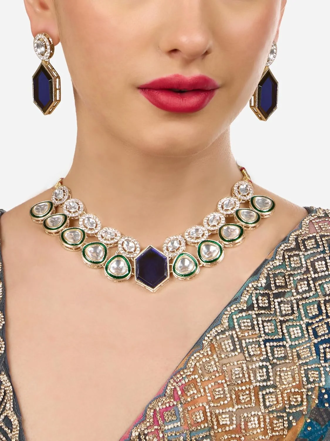 ZAVERI PEARLS گردنبند و گوشواره زنانه نگین آبی و میناکاری سبز مدل ZPFK18340 ZAVERI PEARLS گردنبند و گوشواره زنانه نگین آبی و میناکاری سبز مدل ZPFK18340