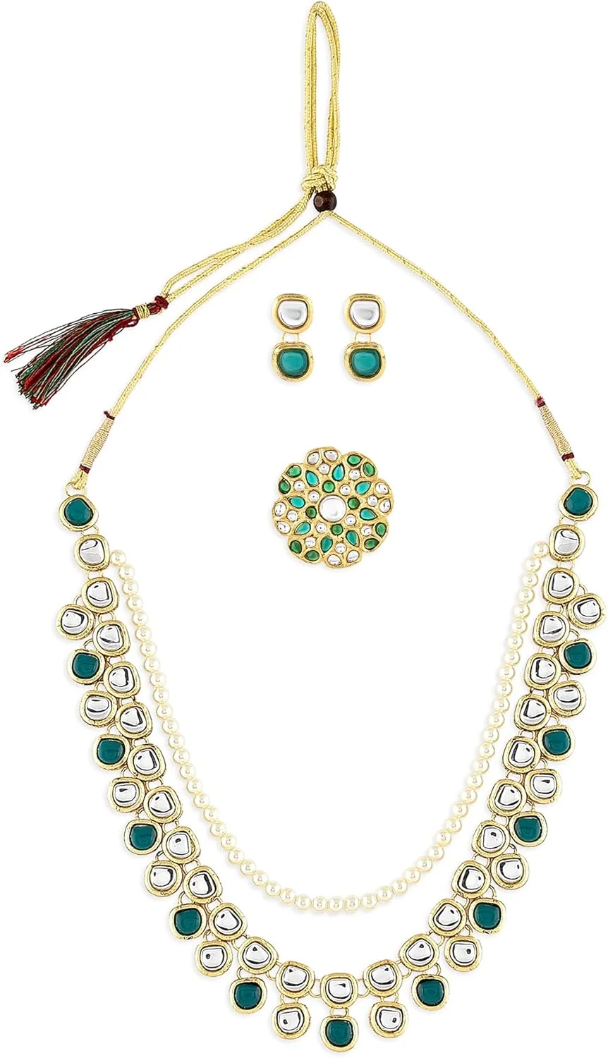 زیوری پرلز، ست گردنبند، گوشواره و انگشتر چند لایه سبز رنگ Kundan مناسب بانوان - ZPFK10778