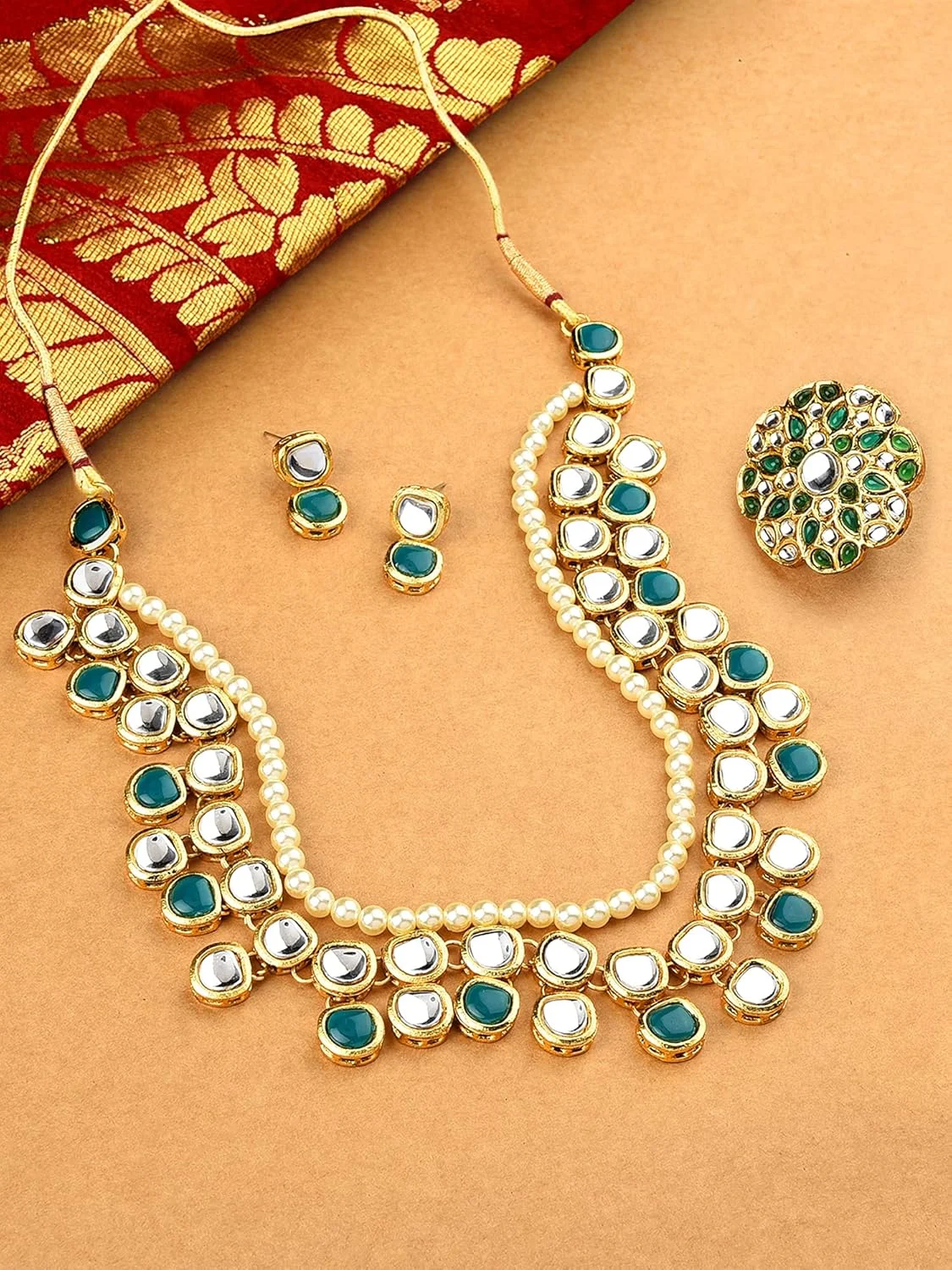 زیوری پرلز، ست گردنبند، گوشواره و انگشتر چند لایه سبز رنگ Kundan مناسب بانوان - ZPFK10778 زیوری پرلز، ست گردنبند، گوشواره و انگشتر چند لایه سبز رنگ Kundan مناسب بانوان - ZPFK10778