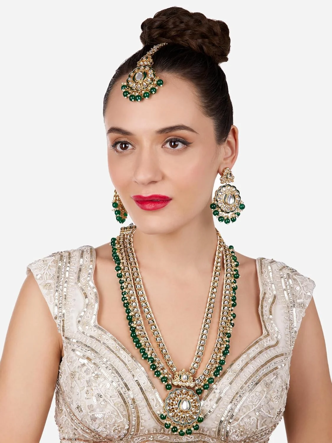 زیوری پرلز ست گردنبند بلند، گوشواره و مانگ تیکا عروس سبز میناکاری کندان زنانه - ZPFK17195 زیوری پرلز ست گردنبند بلند، گوشواره و مانگ تیکا عروس سبز میناکاری کندان زنانه - ZPFK17195