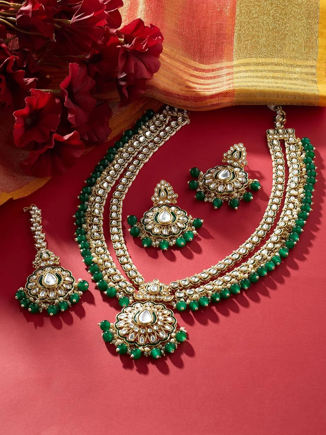 زیوری پرلز ست گردنبند بلند، گوشواره و مانگ تیکا عروس سبز میناکاری کندان زنانه - ZPFK17195 زیوری پرلز ست گردنبند بلند، گوشواره و مانگ تیکا عروس سبز میناکاری کندان زنانه - ZPFK17195