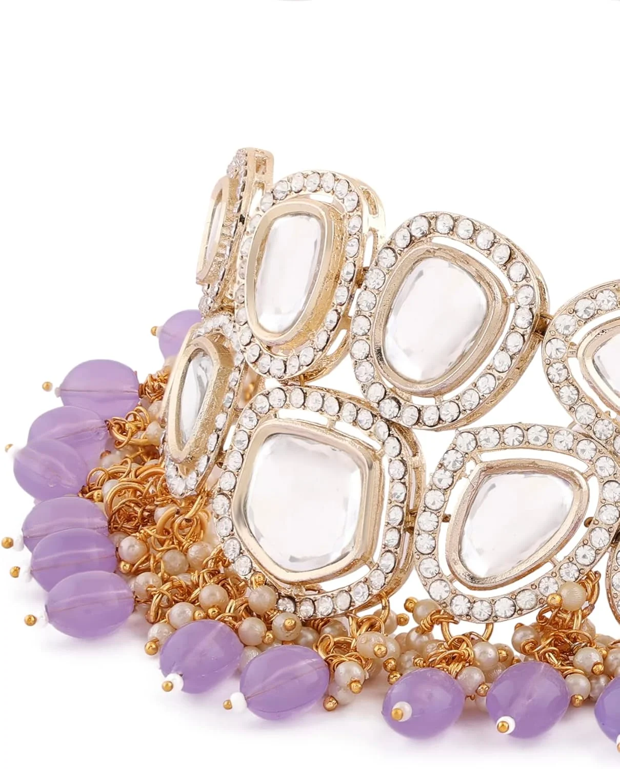 زیوری پرلز، گردنبند چوکر عروس با آویز مهره های بنفش و نگین های کندان به همراه گوشواره زنانه - ZPFK15841 زیوری پرلز، گردنبند چوکر عروس با آویز مهره های بنفش و نگین های کندان به همراه گوشواره زنانه - ZPFK15841