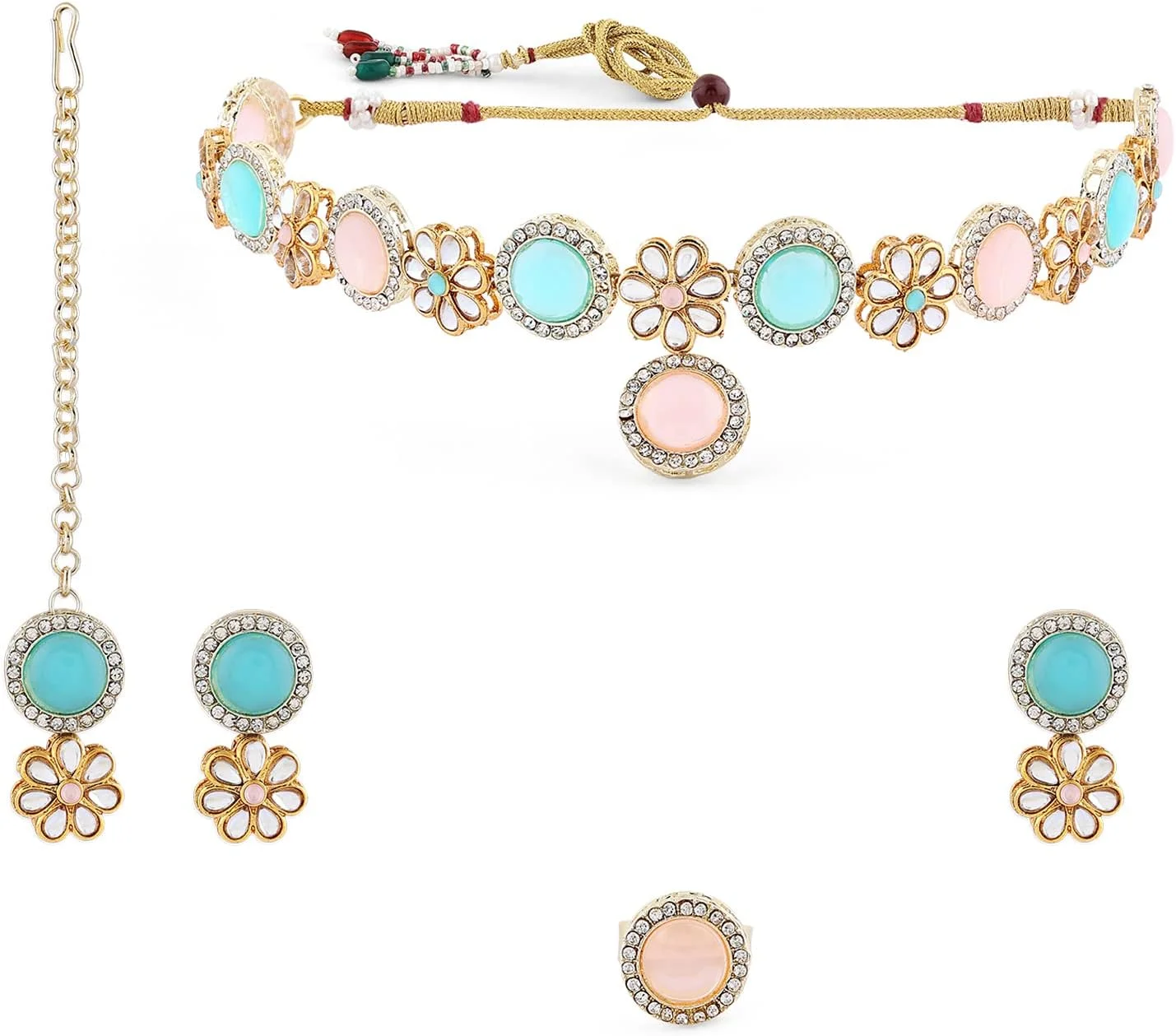 ست گردنبند، گوشواره، مانگ تیکا و انگشتر زنانه ZAVERI PEARLS با گل های کندان آبی فیروزه ای و صورتی - ZPFK15978