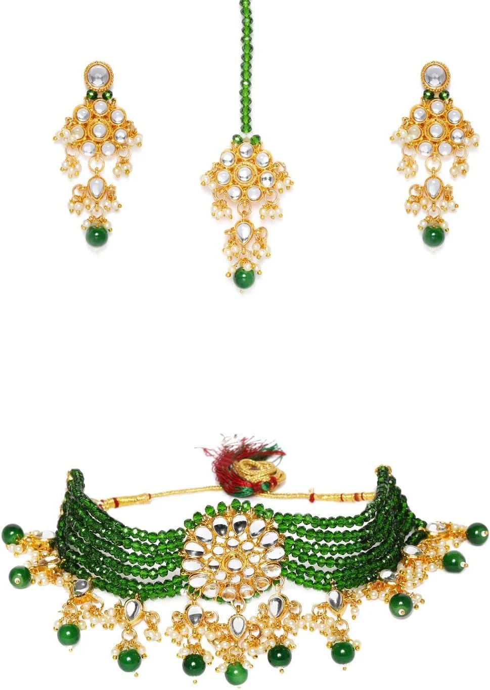 گردنبند چوکر Kundan & MultiStrand مهره سبز ZAVERI PEARLS، گوشواره و ست مانگتیکا برای زنان-ZPFK9838