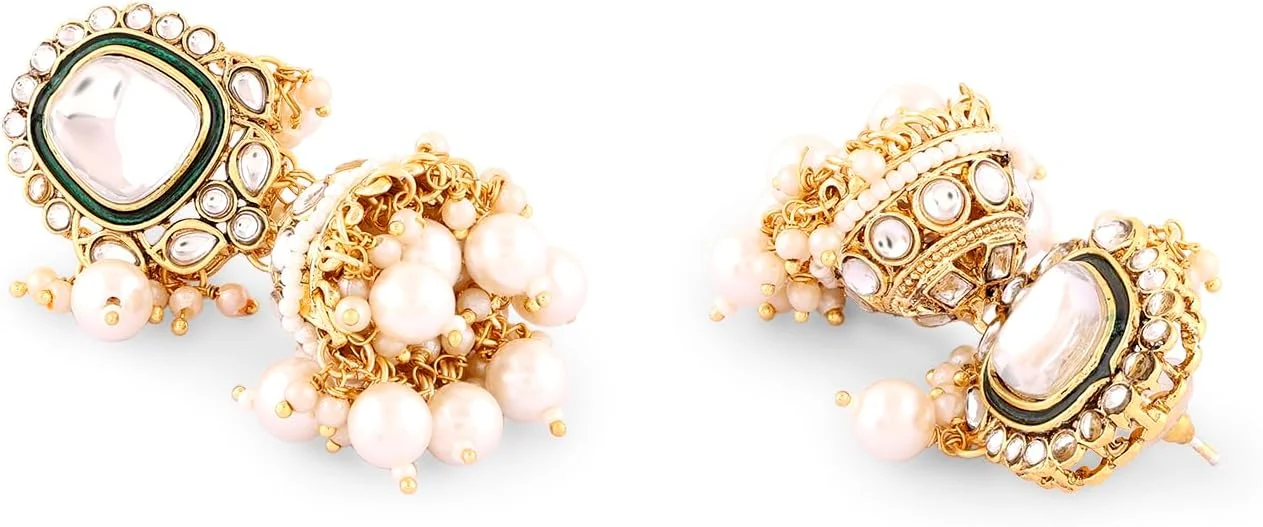 زیوری پرلز ست گردنبند، گوشواره، مانگ تیکا و انگشتر عروس با مینای سبز، نگین های Kundan و مروارید - ZPFK16757 زیوری پرلز ست گردنبند، گوشواره، مانگ تیکا و انگشتر عروس با مینای سبز، نگین های Kundan و مروارید - ZPFK16757