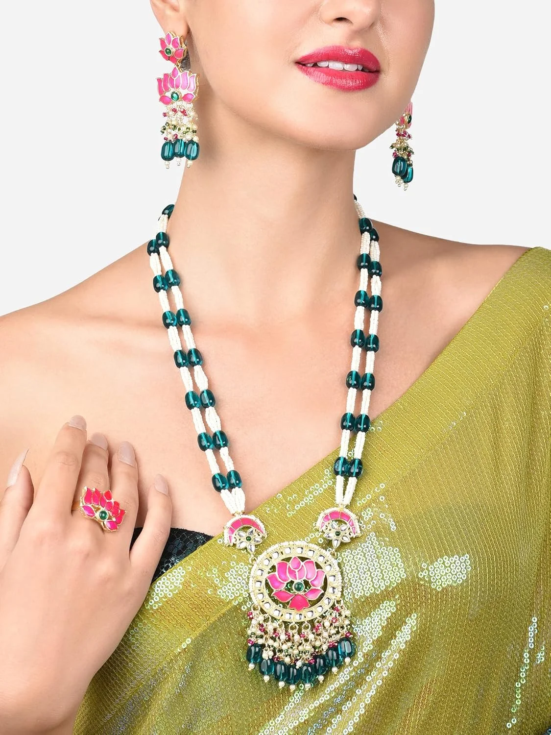 زیوری پرلز ست گردنبند بلند، گوشواره و انگشتر زنانه با طراحی میناکاری لوتوس سبز و صورتی - ZPFK14812 زیوری پرلز ست گردنبند بلند، گوشواره و انگشتر زنانه با طراحی میناکاری لوتوس سبز و صورتی - ZPFK14812