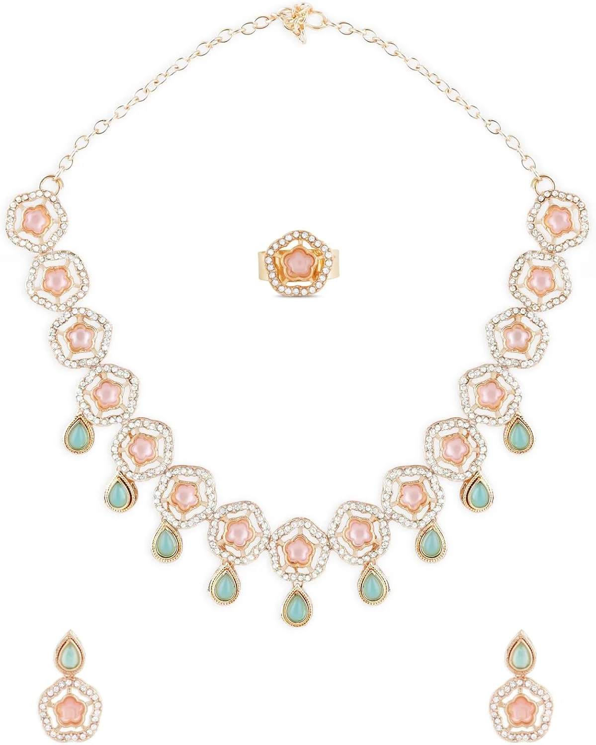 زیوری پرلز ست گردنبند، گوشواره و انگشتر زنانه با طراحی گل و سنگ های صورتی و سبز - ZPFK17280