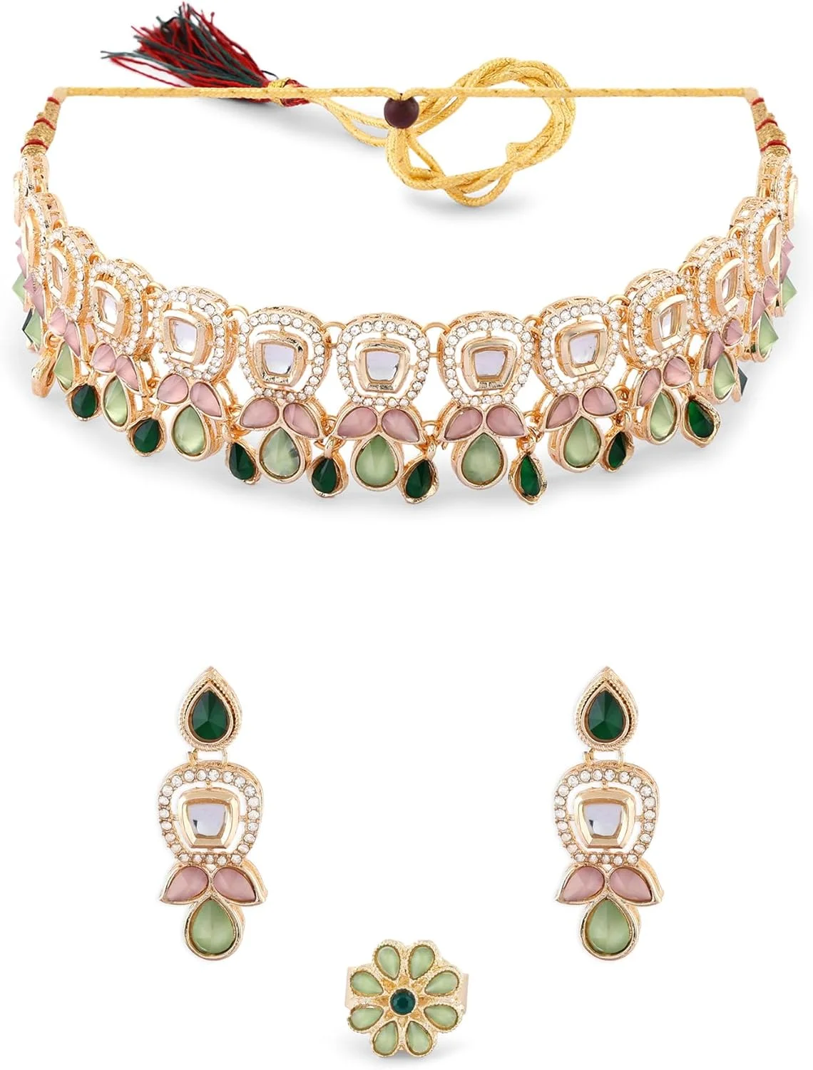 ZAVERI PEARLS ست گردنبند چوکر، گوشواره و انگشتر زنانه نگین‌دار با سنگ‌های سبز و صورتی و الماس اتریشی - ZPFK17672