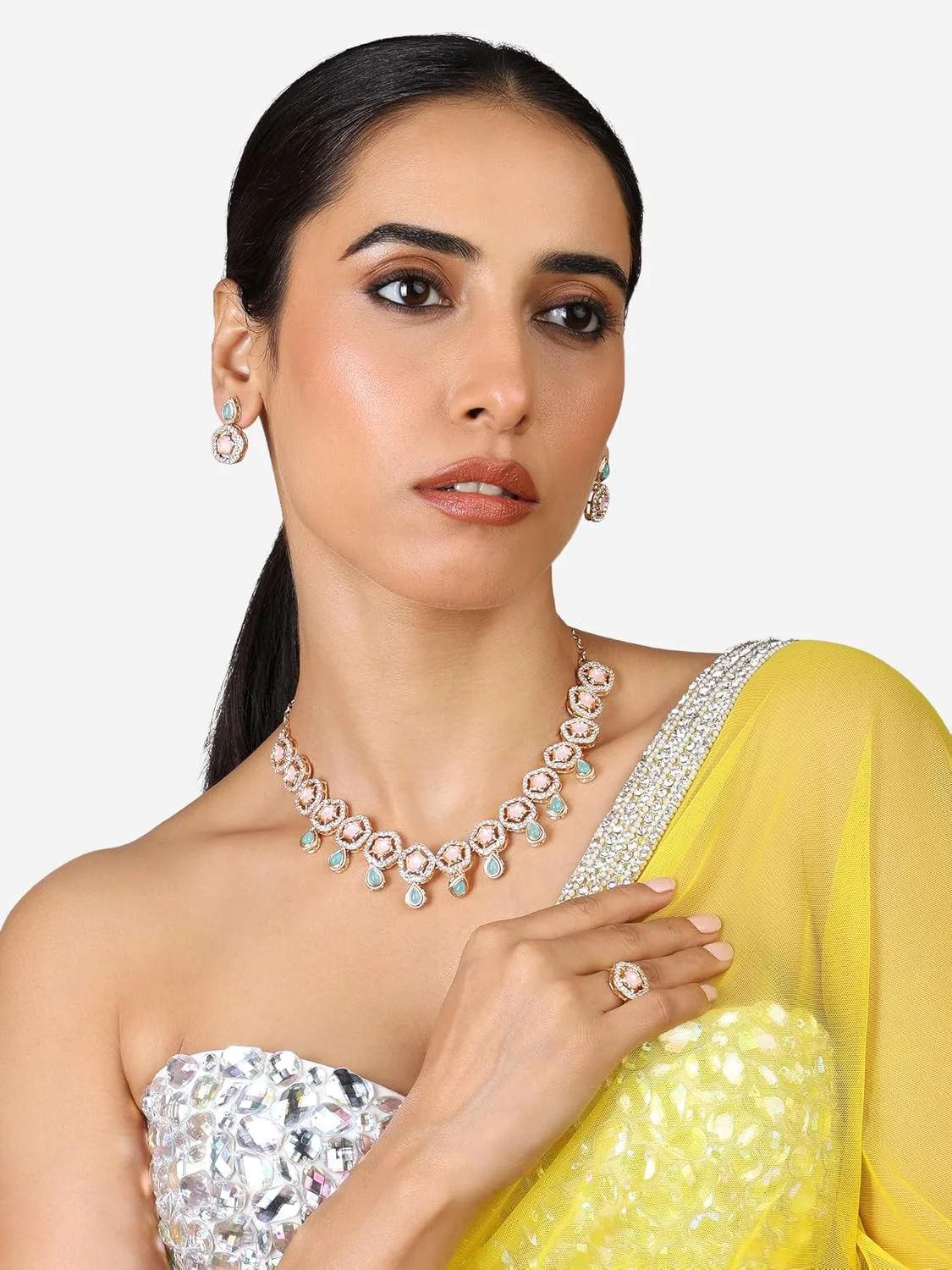 زیوری پرلز ست گردنبند، گوشواره و انگشتر زنانه با طراحی گل و سنگ های صورتی و سبز - ZPFK17280