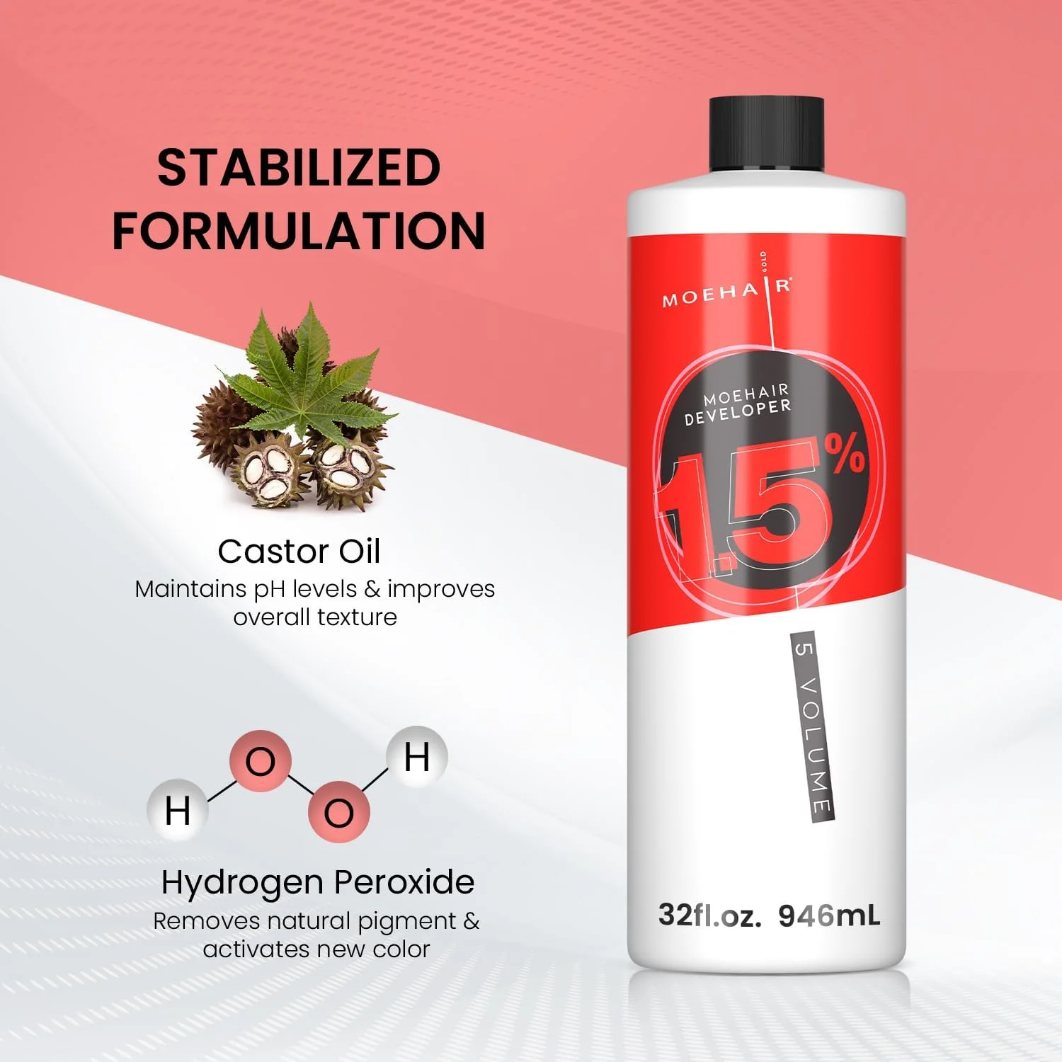 اکتیواتور رنگ مو MOEHAIR با 1.5% هیدروژن پراکسید | کرم اکتیواتور 5 حجمی برای رنگ و دکلره مو | فاقد پارابن | کرم اکتیواتور مو با کیفیت حرفه ای | رایحه هلو - 946 میلی لیتر