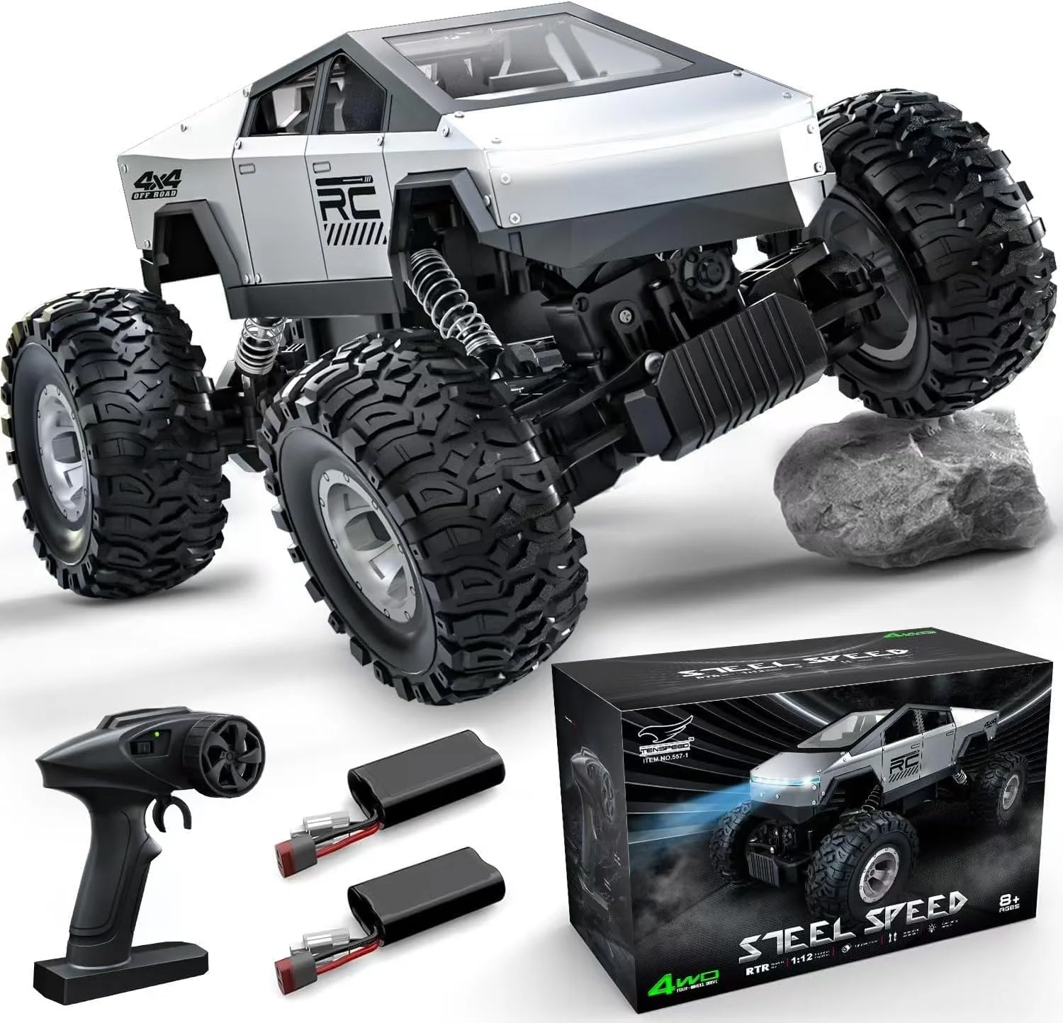 ماشین کنترلی سایبرتراک مدل 2025، مقیاس 1:16 | دو دیفرانسیل، مناسب تمام سطوح | دارای دو موتور | چراغ های LED | ضد آب | فرکانس 2.4GHz | مناسب کودکان و بزرگسالان - نقره ای