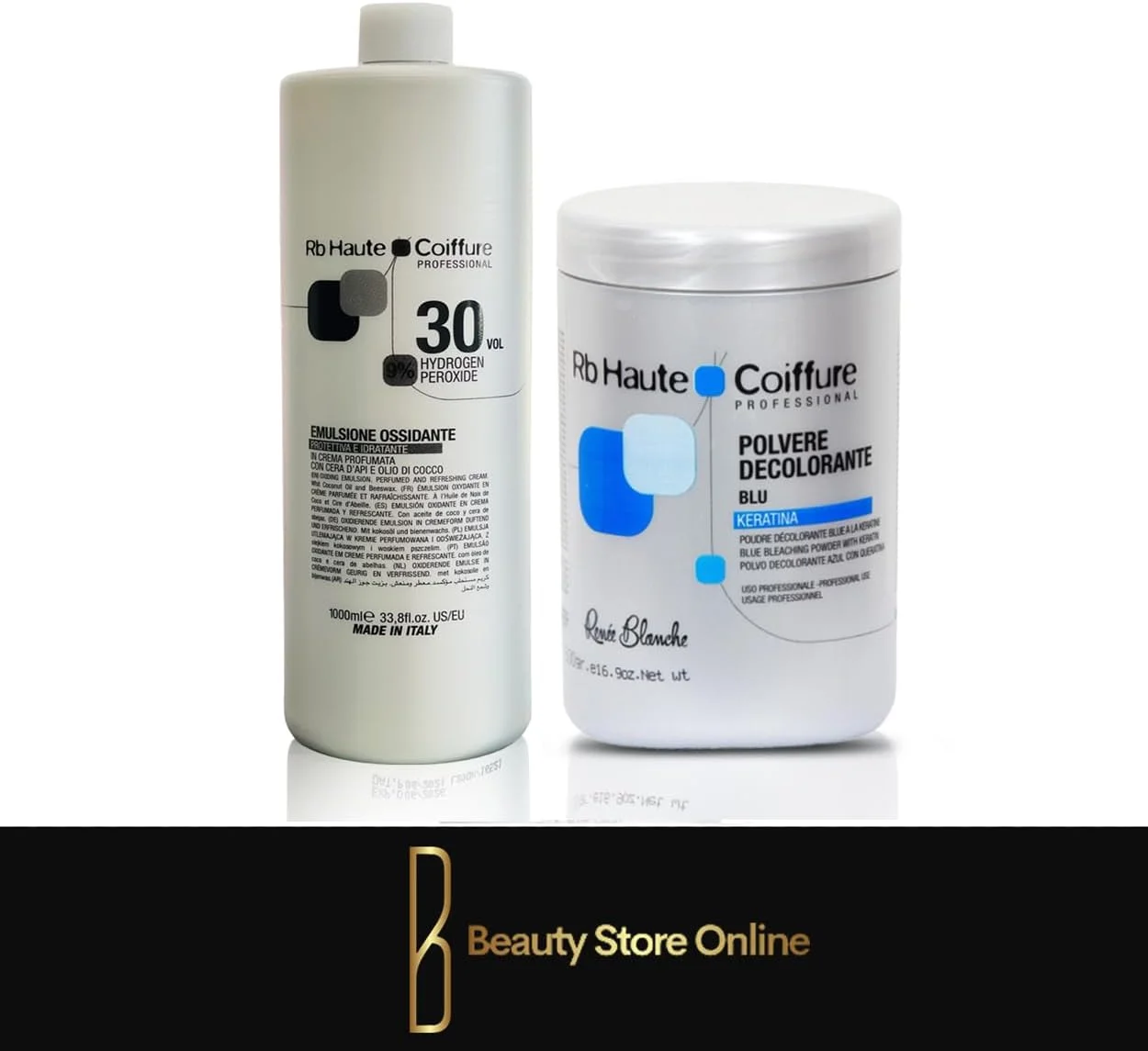 پودر دکلره آبی رنه بلانش 500 گرم + اکسیدان کرمی 30 حجمی 9%، 1000 میلی لیتر - ایتالیا