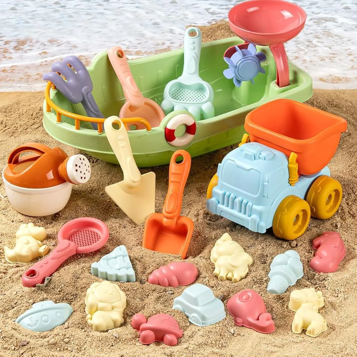 اسباب بازی های ساحلی AM ANNA برای کودکان نوپا - مجموعه 21 عددی شامل سطل ساحلی، کامیون اسباب بازی، قالب های شن، بیل، چنگک و آبپاش، اسباب بازی های فضای باز تابستانی برای پسران و دختران