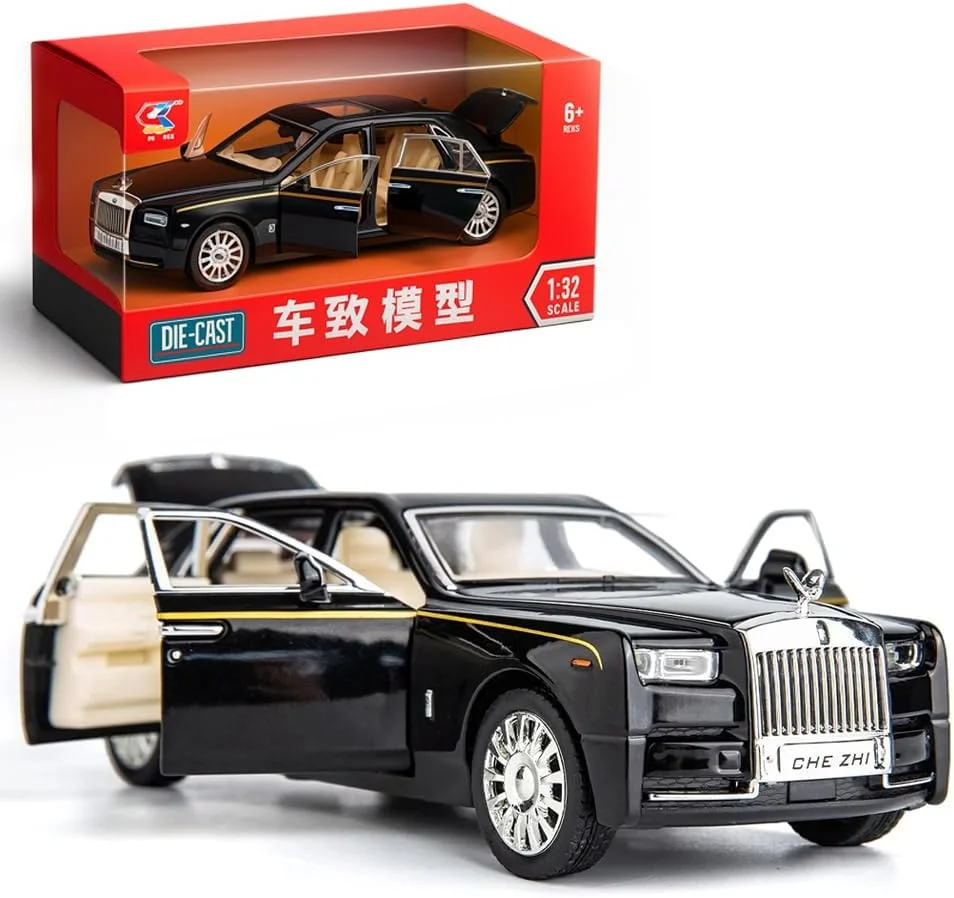 مدل ماشین رولز رویس آلیاژی AMERTEER، مدل ماشین 1:32 برای رولز رویس فانتوم، اسباب بازی پسرانه، ماشین اسباب بازی دایکاست با صدا و نور و 6 درب بازشو برای کودکان، پسران، دختران، هدیه کلکسیونی، مدل ماشین SUV - مشکی