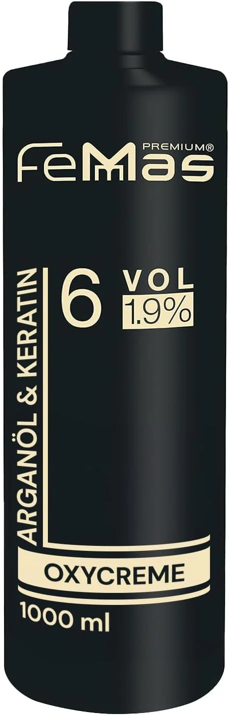 اکسیدان مو FemMas Oxycreme با حجم 1000 میلی لیتر و درصد 1.9%، اکسیدان برای رنگ و تونینگ مو، استفاده آسان و ماندگاری مطلوب، فعال کننده رنگ برای نتایج یکنواخت با کیفیت سالنی، دولوپر رنگ مو