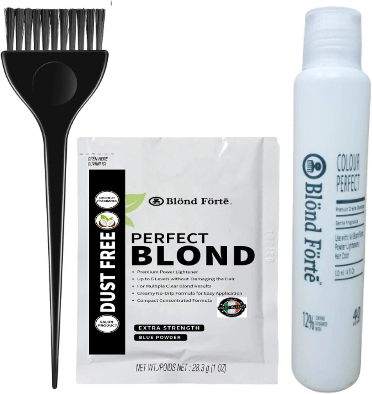 کیت رنگ مو بلوند بی‌نقص شامل پودر دکلره، تونر روشن کننده، رنگ مو، اکسیدان 40 حجمی 120 میلی لیتری، برس و دستکش - ساخت ایتالیا توسط بلوند فورته (پودر آبی)