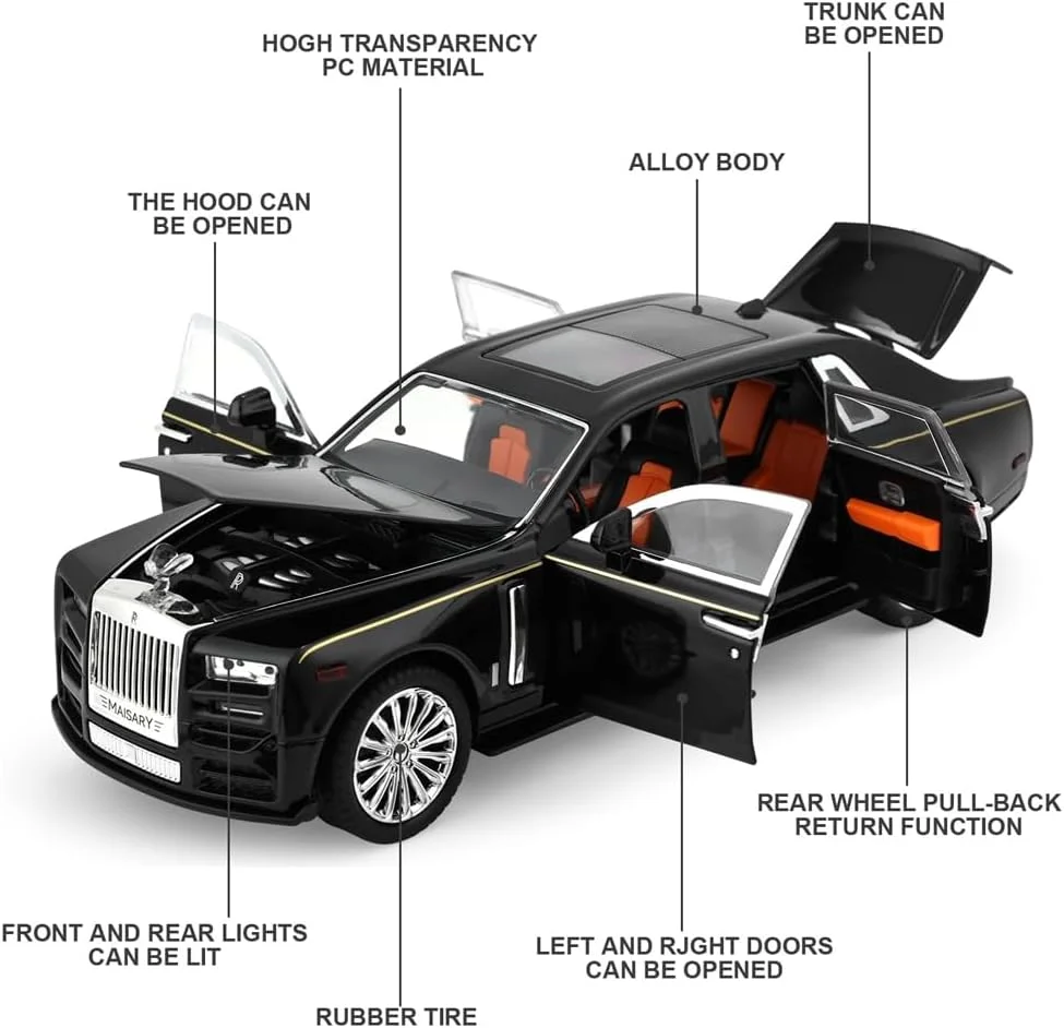 مدل ماشین رولز رویس آلیاژی AMERTEER، مدل ماشین 1:32 برای رولز رویس فانتوم، اسباب بازی پسرانه، ماشین اسباب بازی دایکاست با صدا و نور و 6 درب بازشو برای کودکان، پسران، دختران، هدیه کلکسیونی، مدل ماشین SUV - مشکی