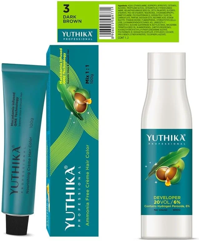 کیت رنگ مو و اکسیدان حرفه ای یوتیکا، رنگ موی قهوه ای تیره 3.0، 100 گرم و اکسیدان رنگ مو ولوم 20 (6%)، 500 میلی لیتر