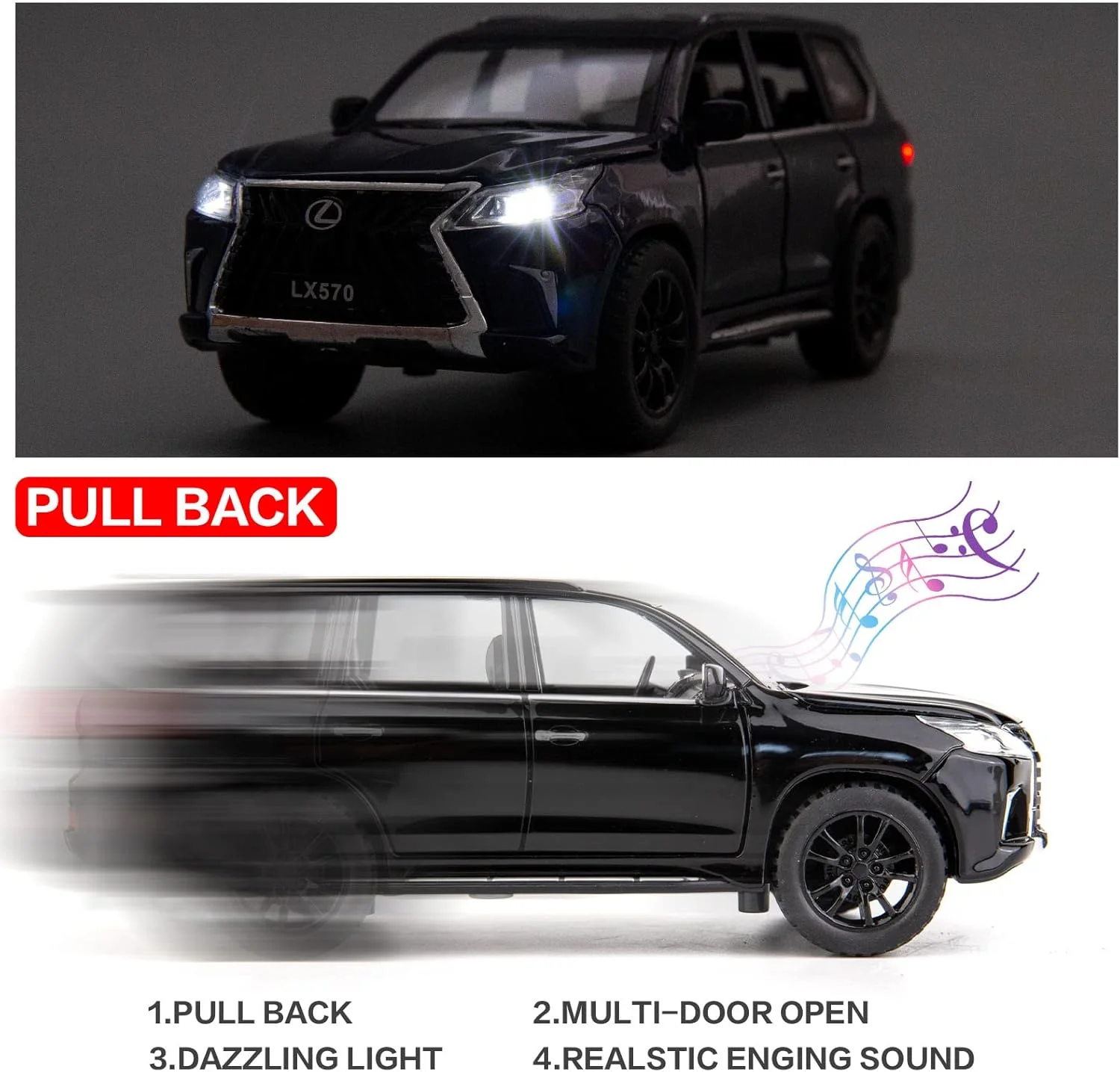 مدل ماشین لکسوس LX570 آفرود لوکس، مقیاس 1/32، اسباب بازی عقب کش آلیاژ روی با صدا و نور، هدیه برای پسران و دختران (مشکی) 1/32 مشکی، VB32633