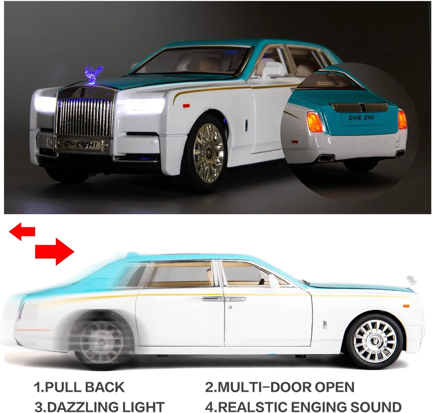 مدل ماشین رولز رویس فانتوم BDTCTK با مقیاس 1/24، ماشین اسباب بازی دایکست فلزی آلیاژ روی با قابلیت عقب کشیدن، دارای صدا و نور، مناسب هدیه برای پسران و دختران (آبی-سفید)