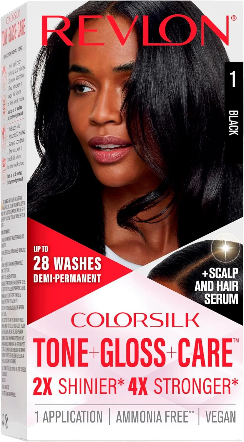 رنگ مو نیمه دائمی، براق کننده و مراقبتی Revlon ColorSilk Tone + Gloss + Care، کیت رنگ مو به همراه سرم مراقبت از پوست سر و مو، 2 برابر براق تر، 4 برابر قوی تر، مشکی 1، 133 میلی لیتر رنگ مو نیمه دائمی، براق کننده و مراقبتی Revlon ColorSilk Tone + Gloss + Care، کیت رنگ مو به همراه سرم مراقبت از پوست سر و مو، 2 برابر براق تر، 4 برابر قوی تر، مشکی 1، 133 میلی لیتر