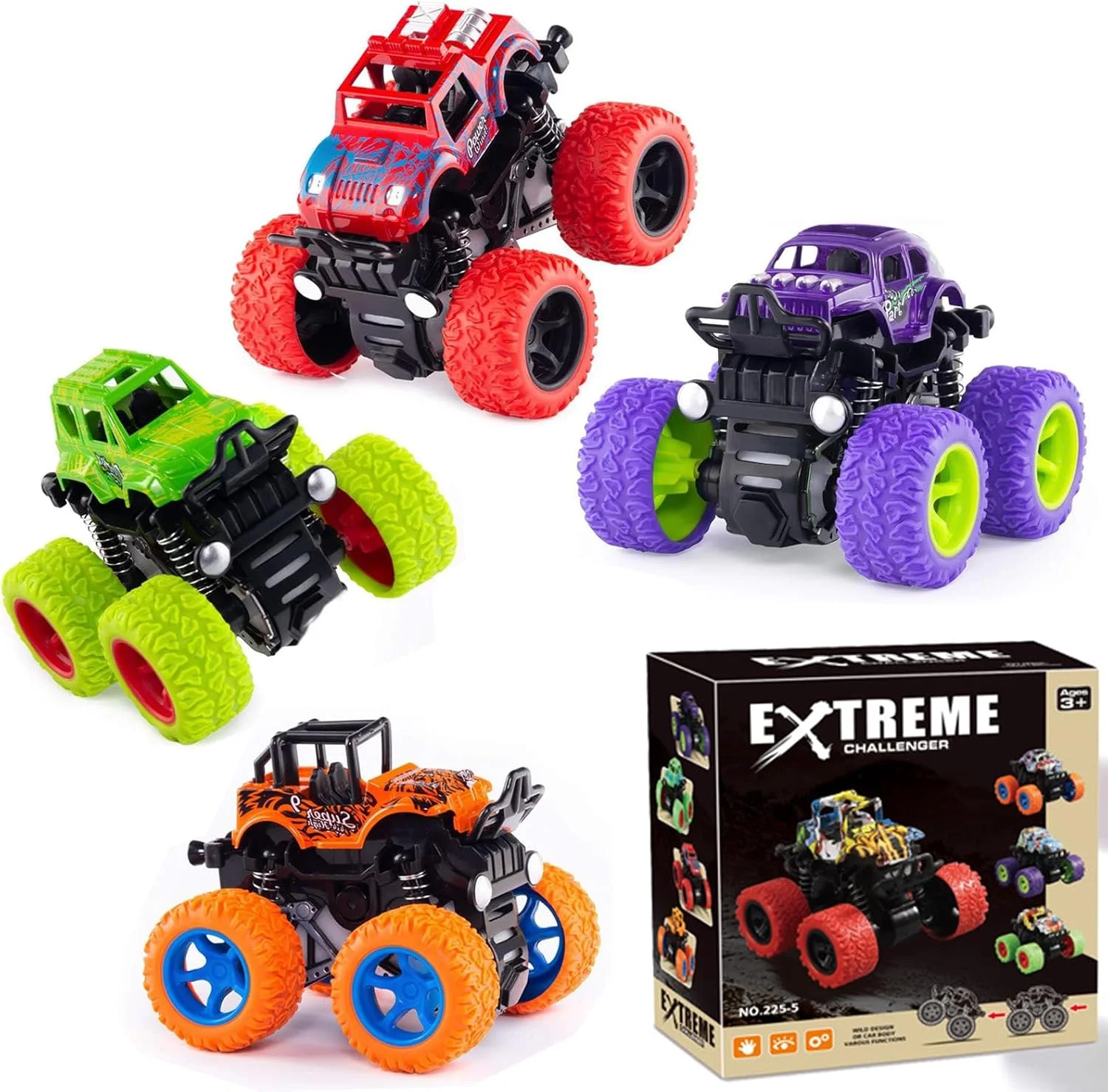 بسته 4 عددی ماشین های اسباب بازی قدرتی اصطکاکی برای پسران 2-3 ساله، مجموعه ماشین های اسباب بازی کامیون های هیولا، وسایل نقلیه اسباب بازی بدلکاری، اسباب بازی های لوازم جشن تولد، مجموعه بازی ماشین برای پسران و دختران