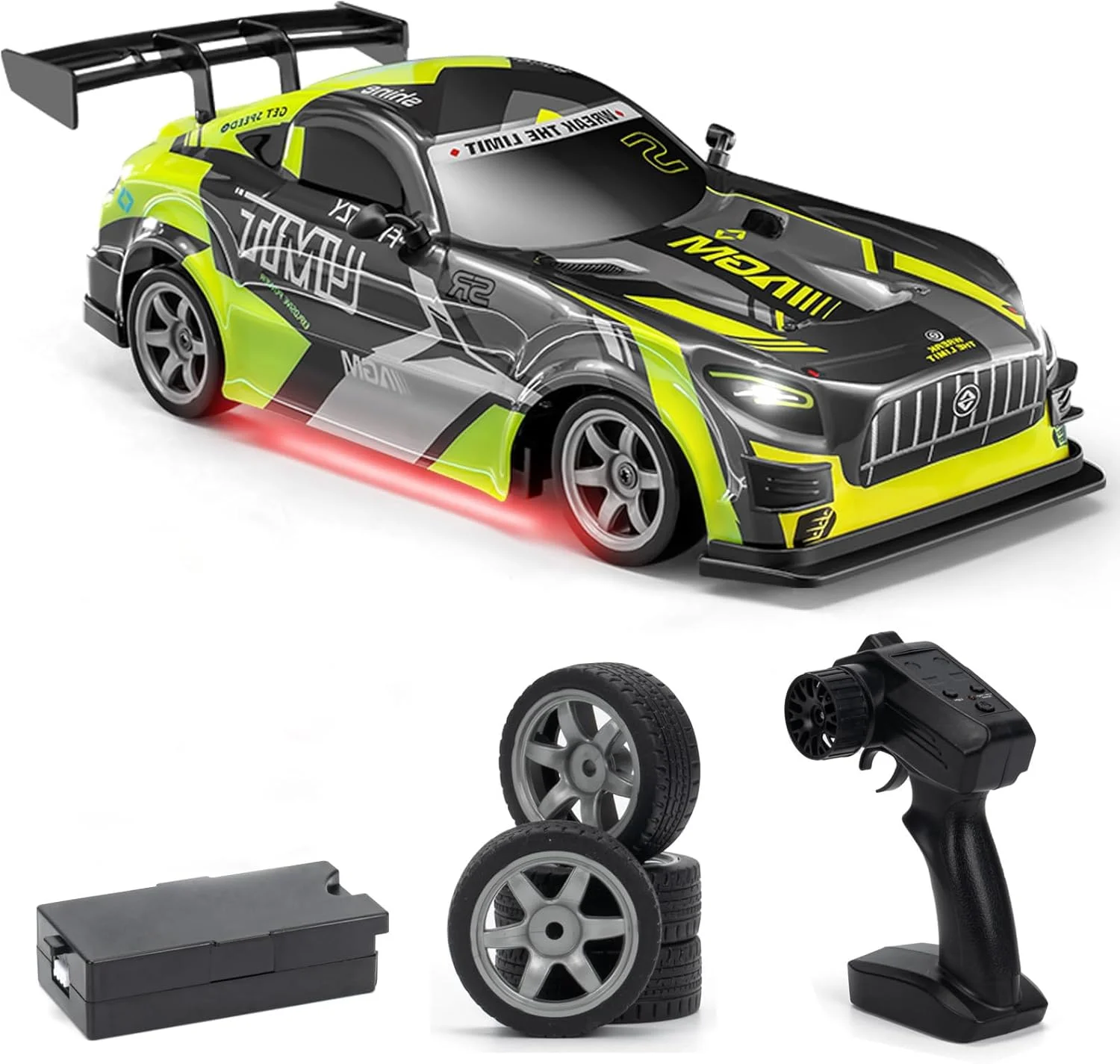 ماشین دریفت کنترلی 1:16، سرعت 25 کیلومتر در ساعت، 4WD، ماشین های کنترلی پر سرعت برای کودکان، با چراغ های LED، لاستیک های اضافی، ماشین های دریفت کنترلی برای بزرگسالان، سبز