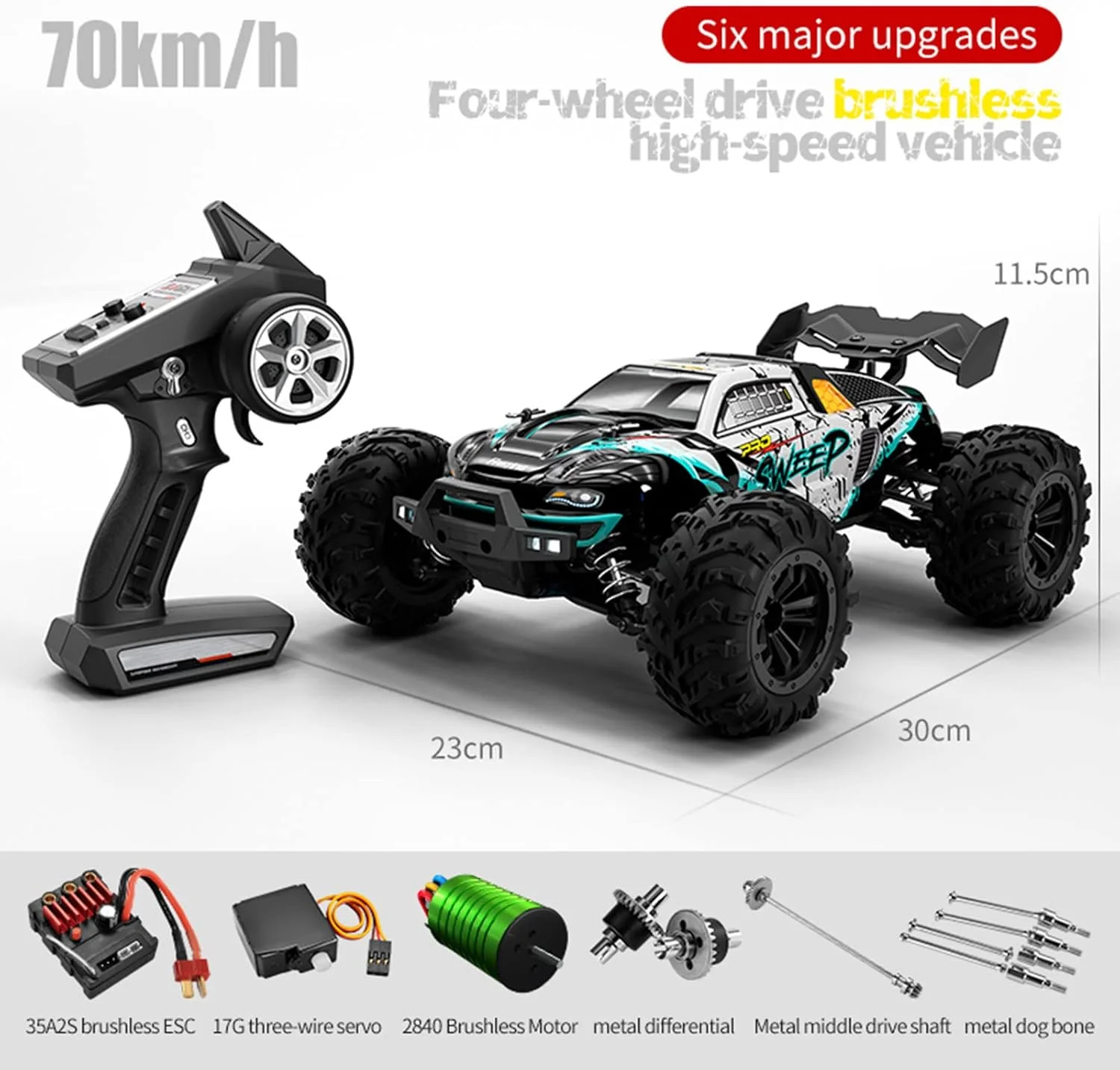 ماشین کنترلی Eacam با سرعت 70 کیلومتر بر ساعت، مقیاس 1/16، آفرود، موتور براشلس، چراغ LED، چهار چرخ متحرک، مناسب مسابقه و صخره نوردی، هدیه ای برای کودکان و بزرگسالان، سبز، سبز - 1 باتری