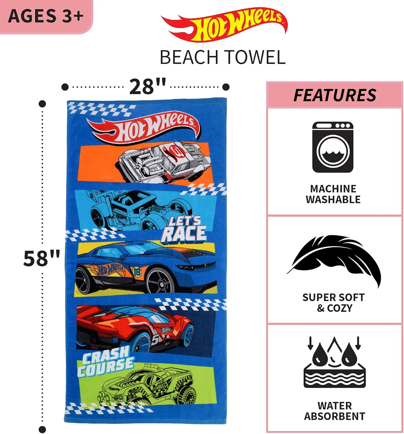 حوله حمام/استخر/ساحل پنبه ای فوق العاده نرم کودکانه فرانکو، 147 سانتی متر در 71 سانتی متر، هات ویلز