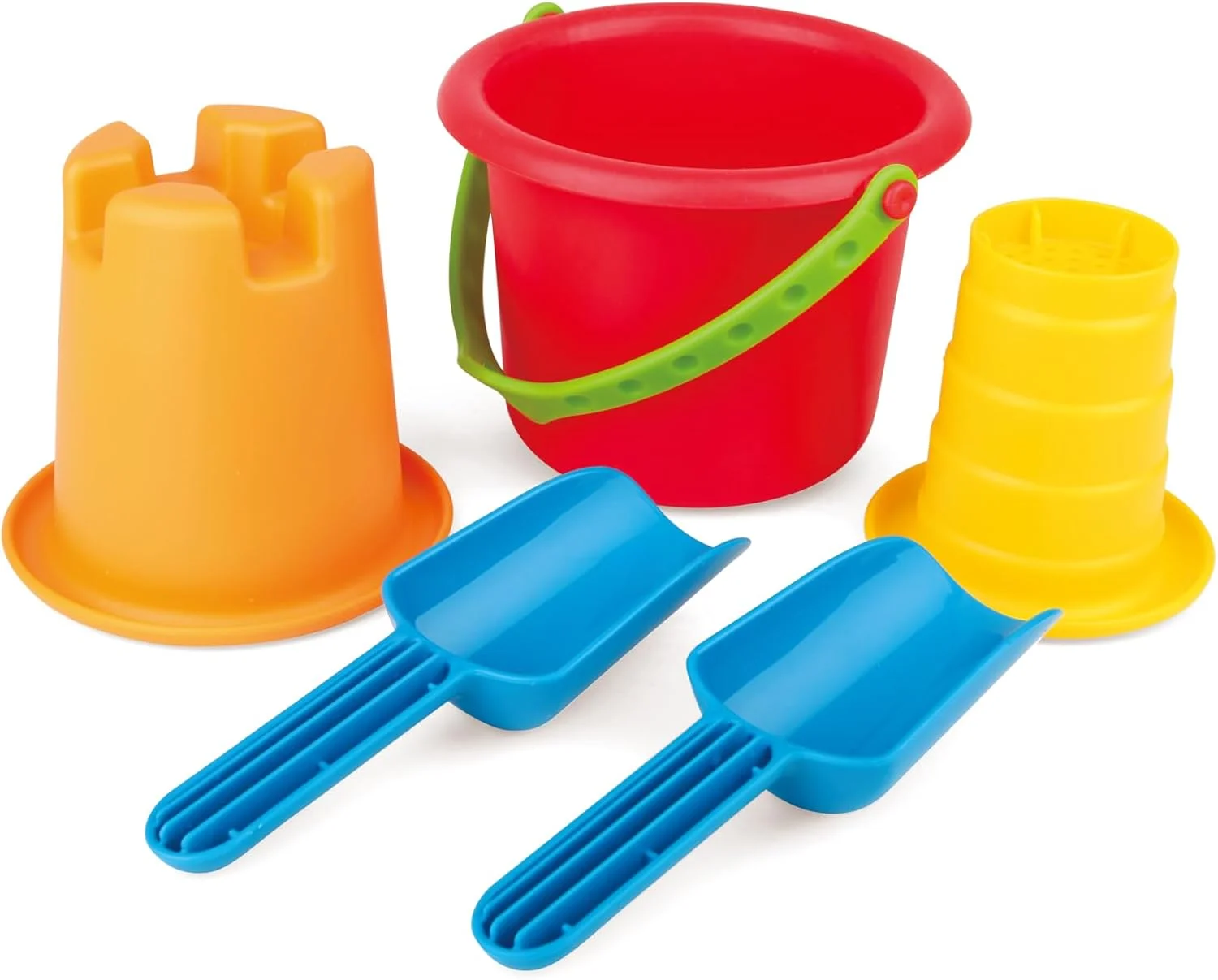 ست اسباب بازی ساحلی 5 در 1 Hape برای کودکان | مجموعه بازی ساحلی قابل حمل و انباشته با سطل ها، قالب های شن و بیل | اسباب بازی های بادوام، ایمن برای کودکان در فضای باز، آب و جعبه شنی | چند رنگ | 8 ماه به بالا