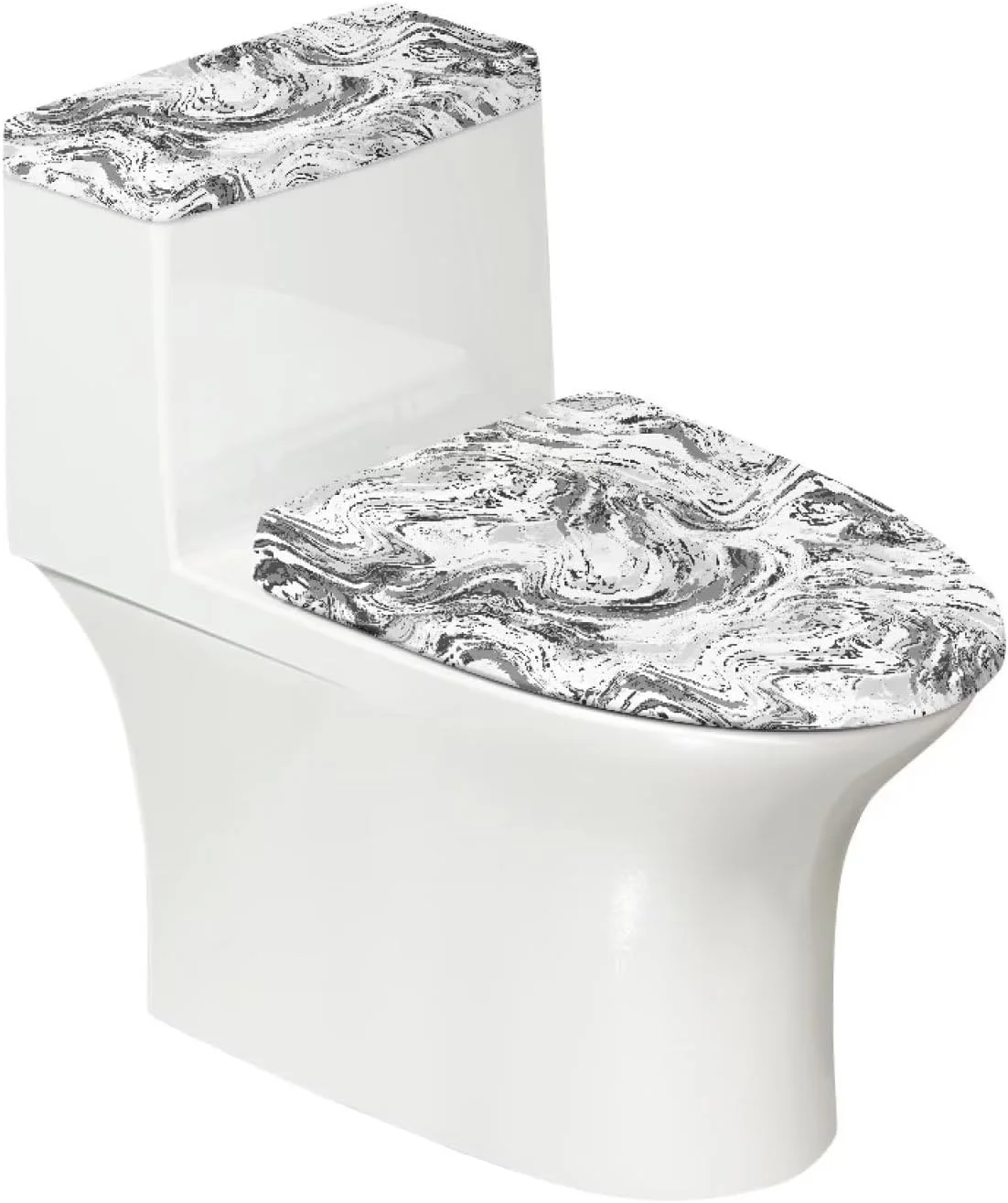 روکش درب توالت و روکش مخزن توالت 2 تکه طرح سنگ مرمر سفید نقره ای، روکش درب مخزن و روکش صندلی توالت، ست روکش توالت کشسان برای حمام، مناسب برای اکثر مخازن و درب های توالت (سنگ مرمر سفید نقره ای (2 تکه))
