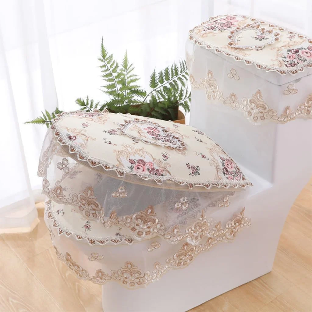 ست روکش توالت فرنگی 3 تکه HASTHIP®، لوازم جانبی حمام با گلدوزی توری مخملی، شامل روکش مخزن و درب و روکش صندلی توالت فرنگی نرم و قابل شستشو، دکور حمام گرم، سایز جهانی