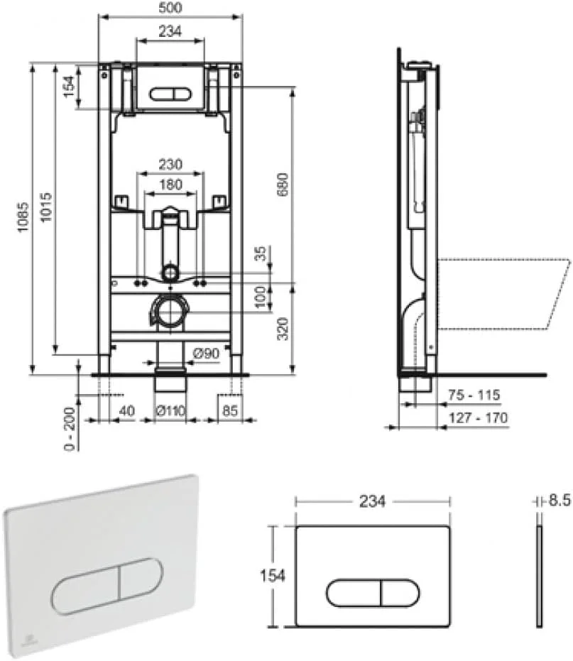 فلاش تانک توکار ایکو Ideal Standard به همراه دکمه برای توالت فرنگی دیواری | ست فلاش توالت دیواری متالیک | سیستم دو زمانه (50x8x108.5 سانتی متر) - آبی/خاکستری/سفید | تمام اتصالات سخت افزاری (شامل)