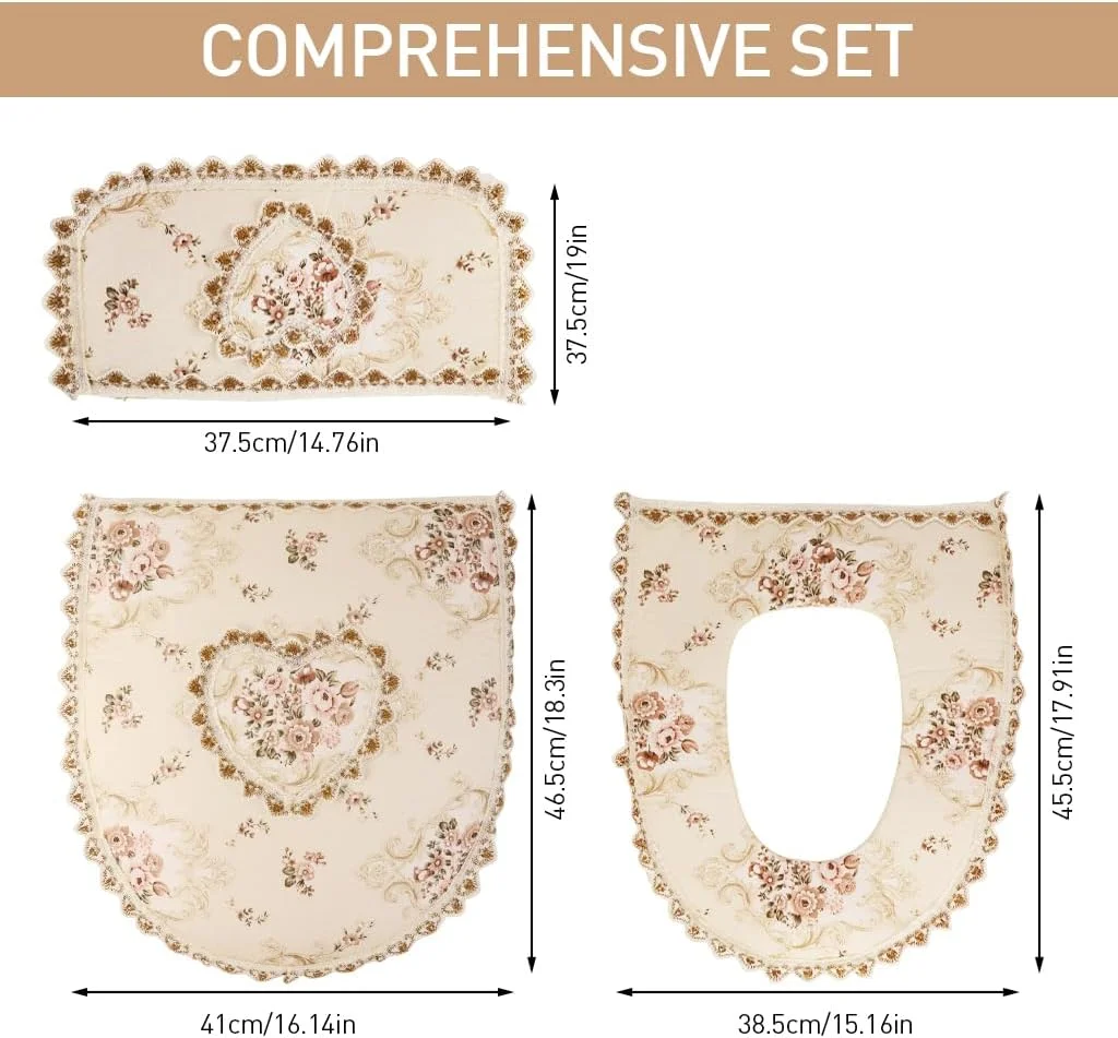 ست روکش توالت فرنگی 3 تکه HASTHIP®، لوازم جانبی حمام با گلدوزی توری مخملی، شامل روکش مخزن و درب و روکش صندلی توالت فرنگی نرم و قابل شستشو، دکور حمام گرم، سایز جهانی