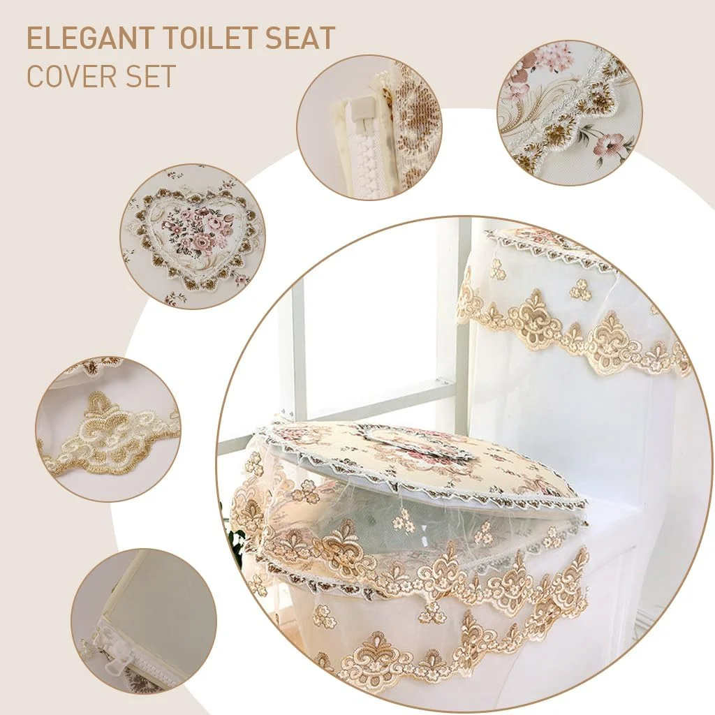 ست روکش توالت فرنگی 3 تکه HASTHIP®، لوازم جانبی حمام با گلدوزی توری مخملی، شامل روکش مخزن و درب و روکش صندلی توالت فرنگی نرم و قابل شستشو، دکور حمام گرم، سایز جهانی