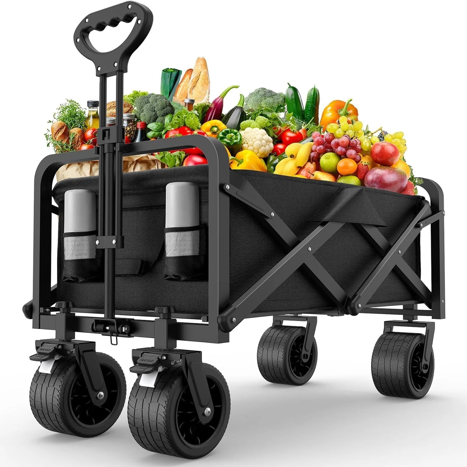 واگن تاشو تاشو 150 کیلوگرمی Heznor، چرخ دستی بزرگ قابل حمل، چرخ دستی خرید باغ ساحلی با ظرفیت سنگین و واگن کالسکه، دسته قابل تنظیم کاربردی کمپینگ در فضای باز (مشکی)