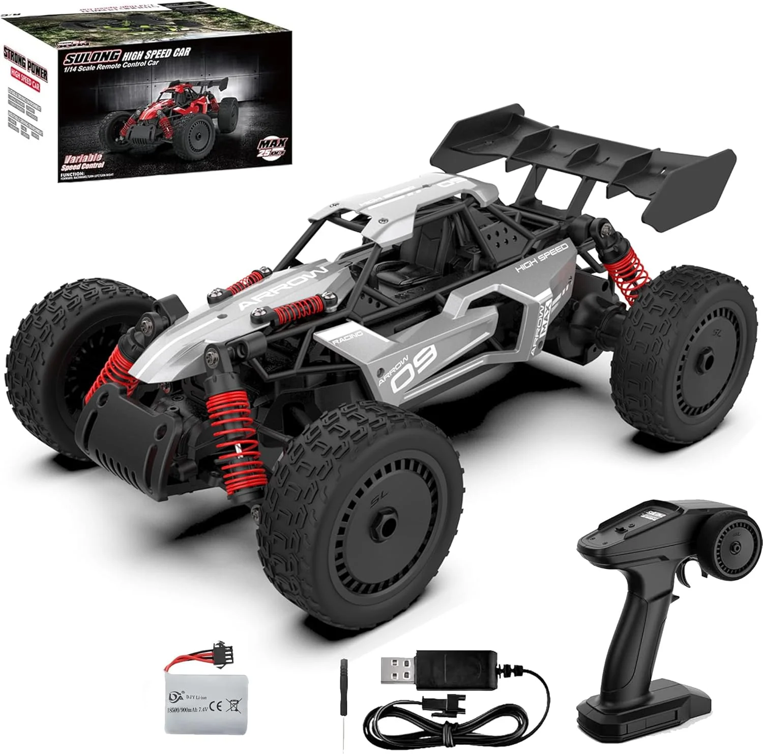 ماشین کنترلی پرسرعت 25 کیلومتر بر ساعت - ماشین مسابقه ای آلیاژی با مقیاس 1:14 | ماشین دریفت آفرود برای کودکان و بزرگسالان | Taizz Ventures | باتری قابل شارژ | طراحی بادوام و شیک - (خاکستری)