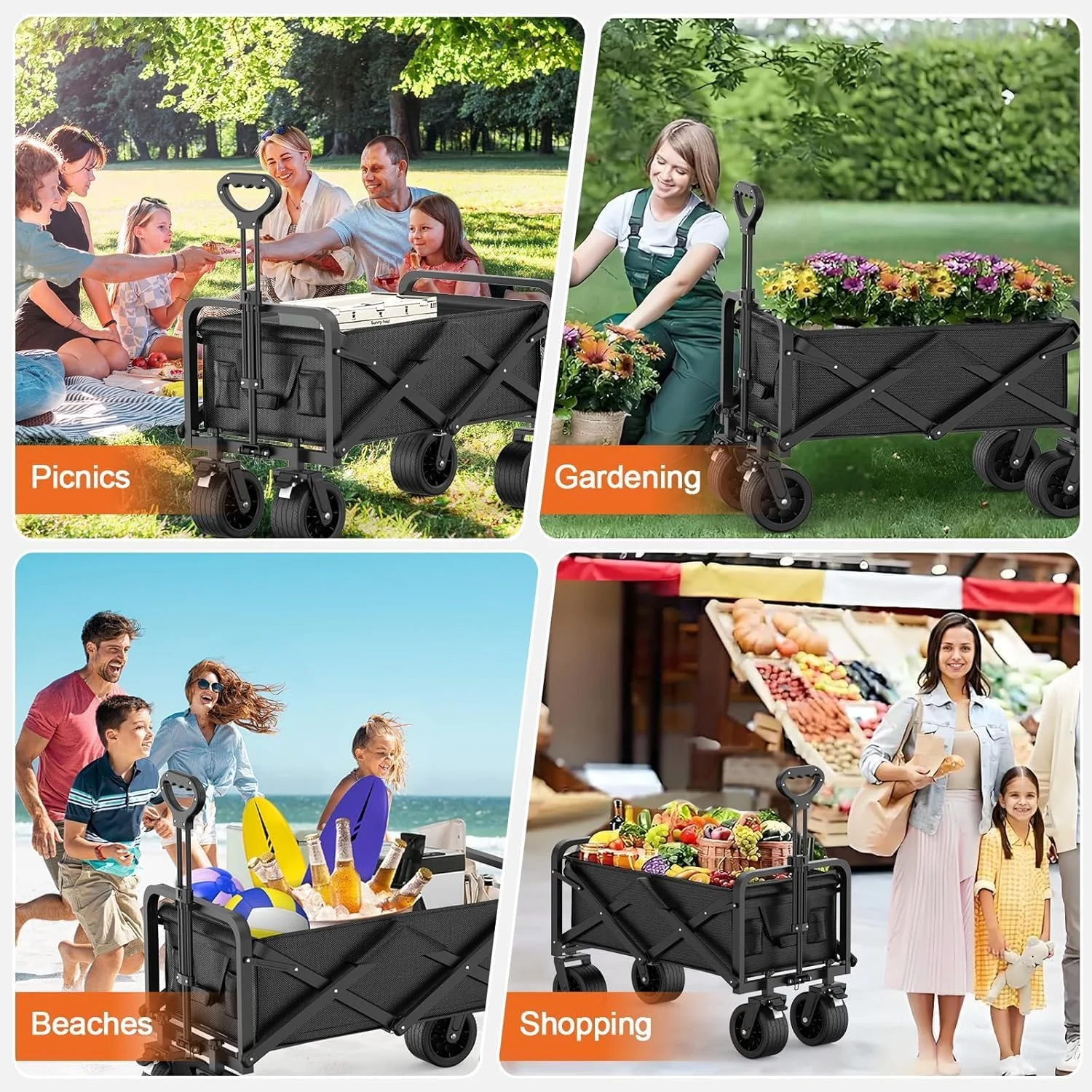 واگن تاشو تاشو 150 کیلوگرمی Heznor، چرخ دستی بزرگ قابل حمل، چرخ دستی خرید باغ ساحلی با ظرفیت سنگین و واگن کالسکه، دسته قابل تنظیم کاربردی کمپینگ در فضای باز (مشکی)