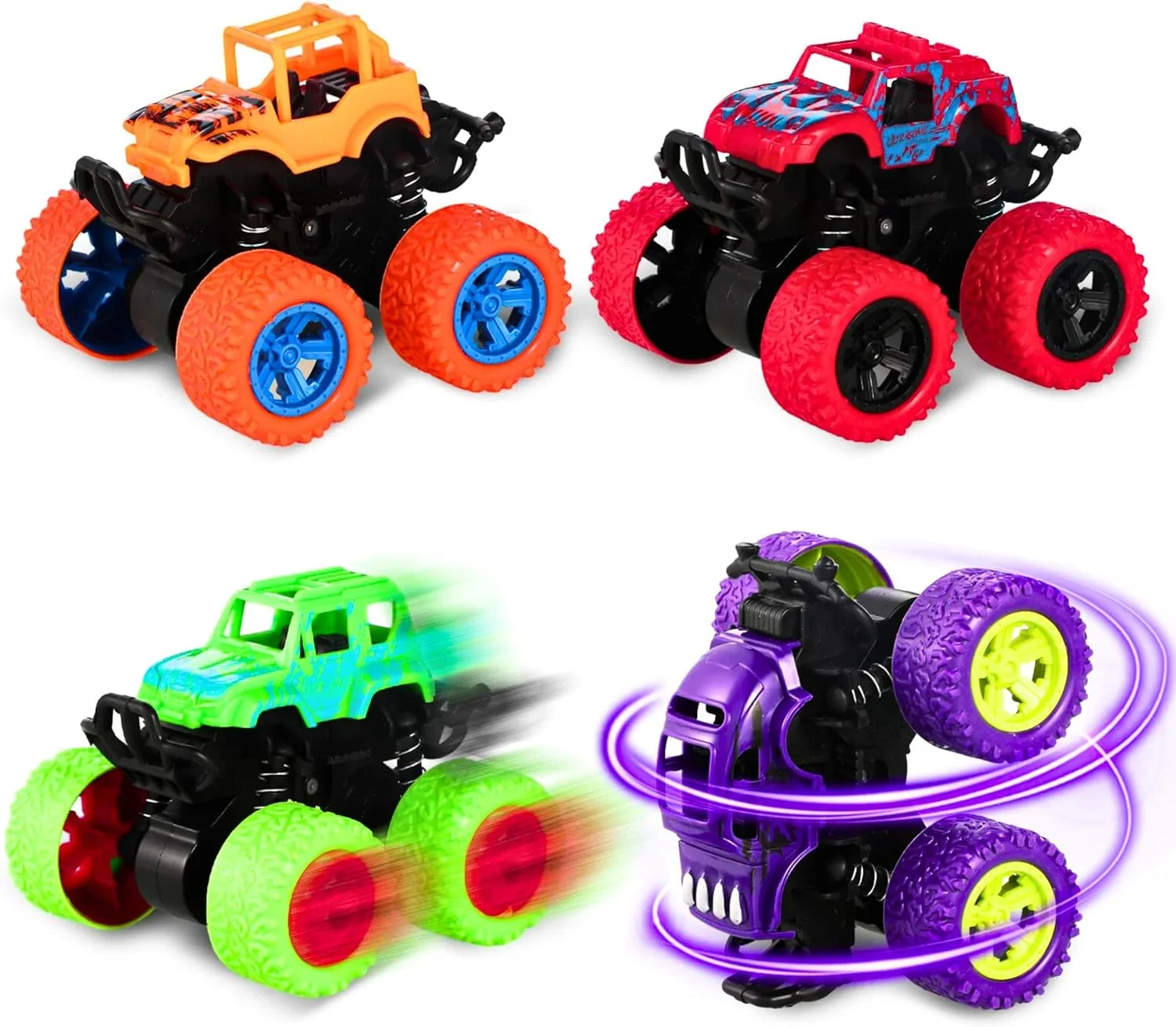 بسته 4 عددی کامیون های عقب کش، اسباب بازی کامیون هیولا، اسباب بازی های کششی اصطکاکی برای کودکان نوپا 3 سال به بالا