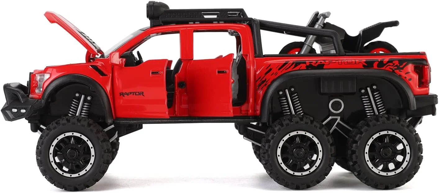 ماشین اسباب بازی وانت F150 شش چرخ MYJJTYS (طول 8.6 اینچ) مدل فلزی دایکاست با صدا و نور به همراه موتور سیکلت اسباب بازی مناسب پسران 3 4 5 6 7 8 9 10 11 12 ساله (قرمز)