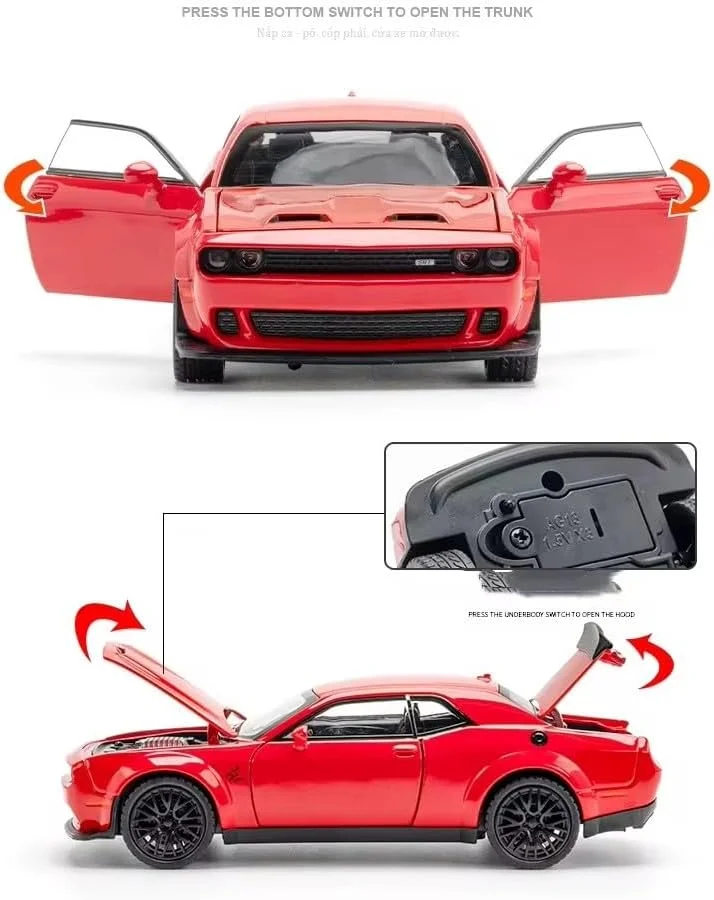 ماشین مدل دوج چلنجر آلیاژی دایکست کلکسیونی مقیاس 1:32 با قابلیت عقب کشیدن، دارای نور و صدا | ماشین فلزی اسباب بازی برای هدیه تولد پسران و دختران بزرگسال/کودک (قرمز/مشکی) (قرمز)