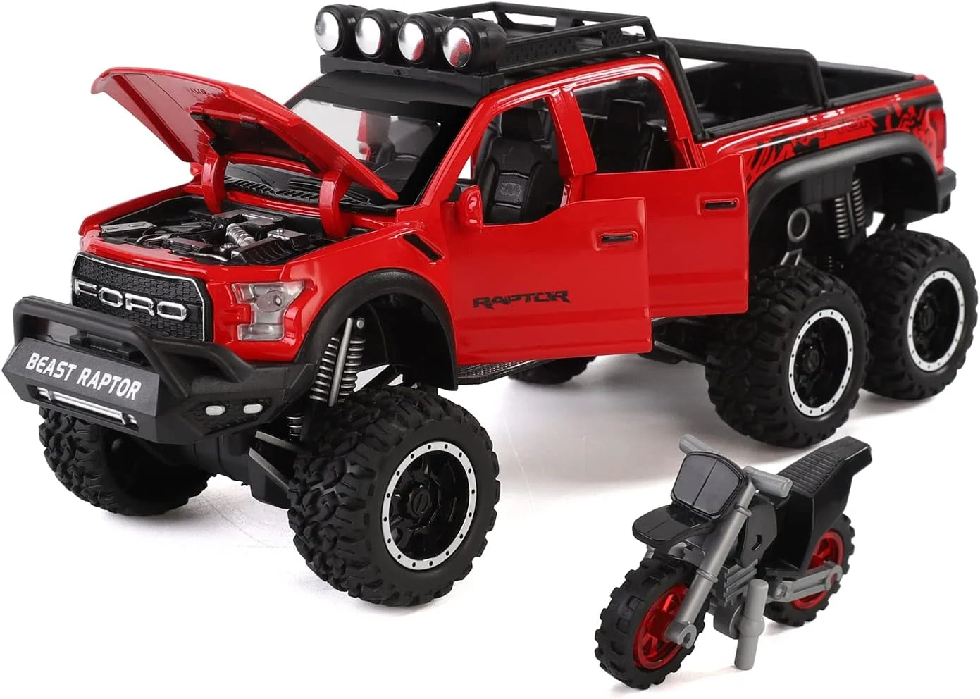 ماشین اسباب بازی وانت F150 شش چرخ MYJJTYS (طول 8.6 اینچ) مدل فلزی دایکاست با صدا و نور به همراه موتور سیکلت اسباب بازی مناسب پسران 3 4 5 6 7 8 9 10 11 12 ساله (قرمز)