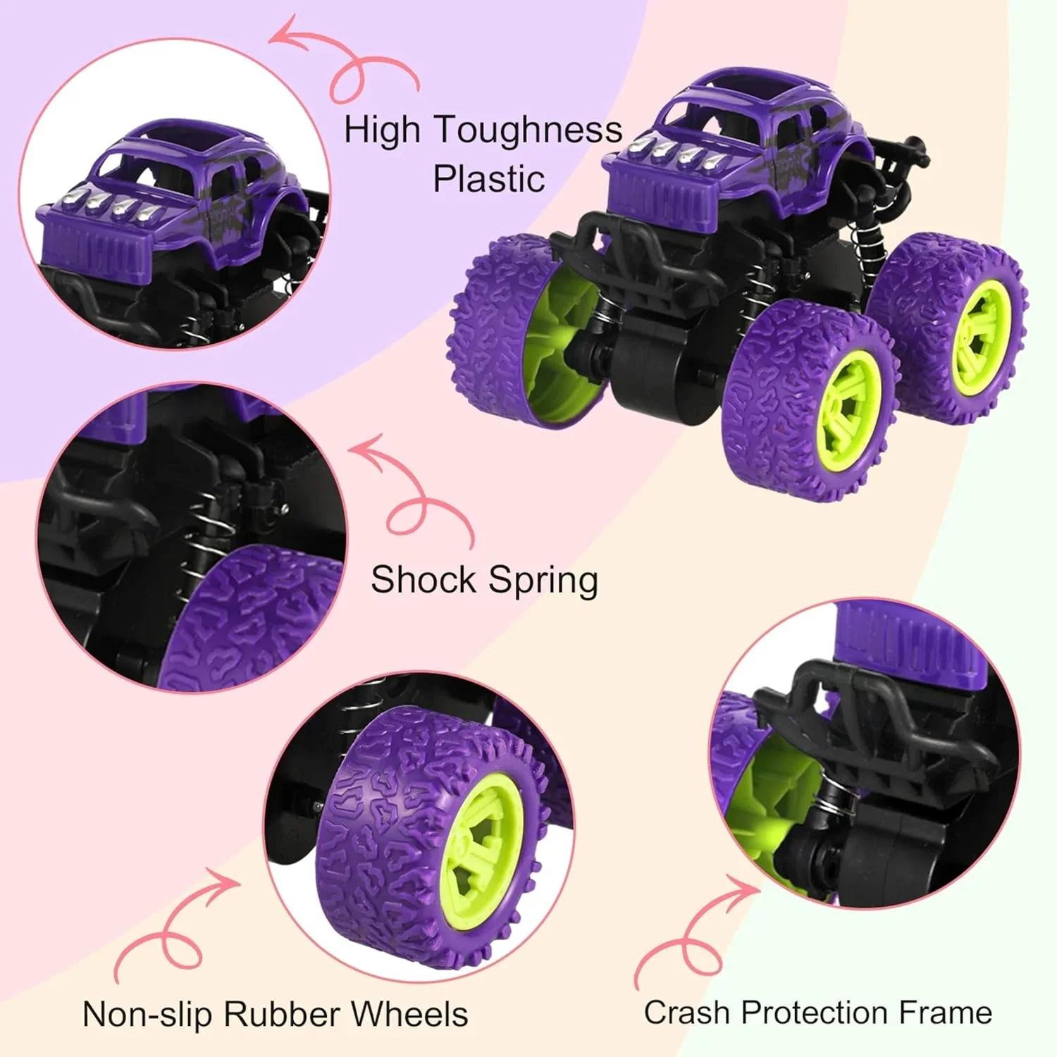 بسته 4 عددی کامیون های عقب کش، اسباب بازی کامیون هیولا، اسباب بازی های کششی اصطکاکی برای کودکان نوپا 3 سال به بالا