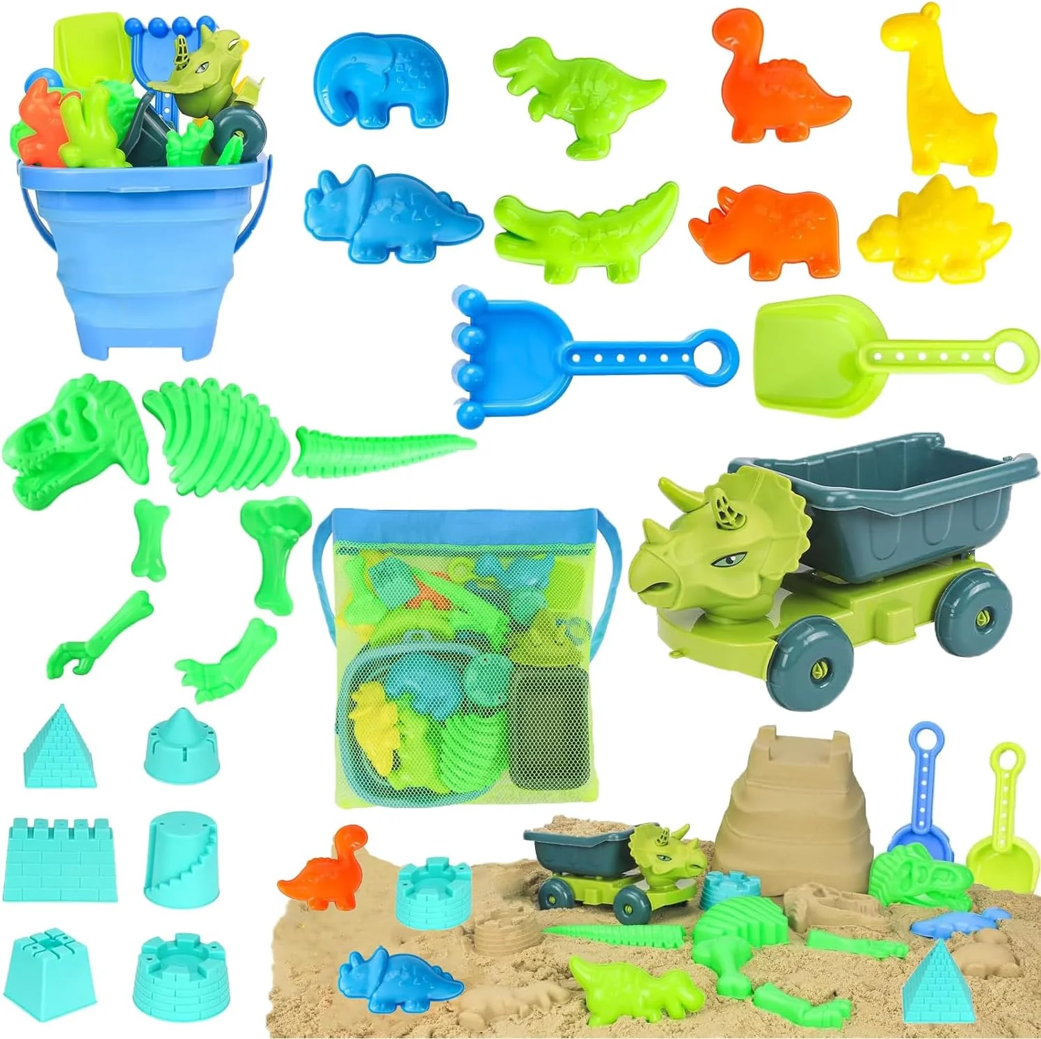اسباب بازی های ساحلی Masroo، اسباب بازی های شن و ماسه دایناسور با کامیون کمپرسی و سطل ساحلی تاشو، بیل و چنگک، کیف توری، قالب های شن و ماسه دایناسور حیوانات، اسباب بازی های قلعه شنی، اسباب بازی های جعبه شنی برای کودکان نوپا