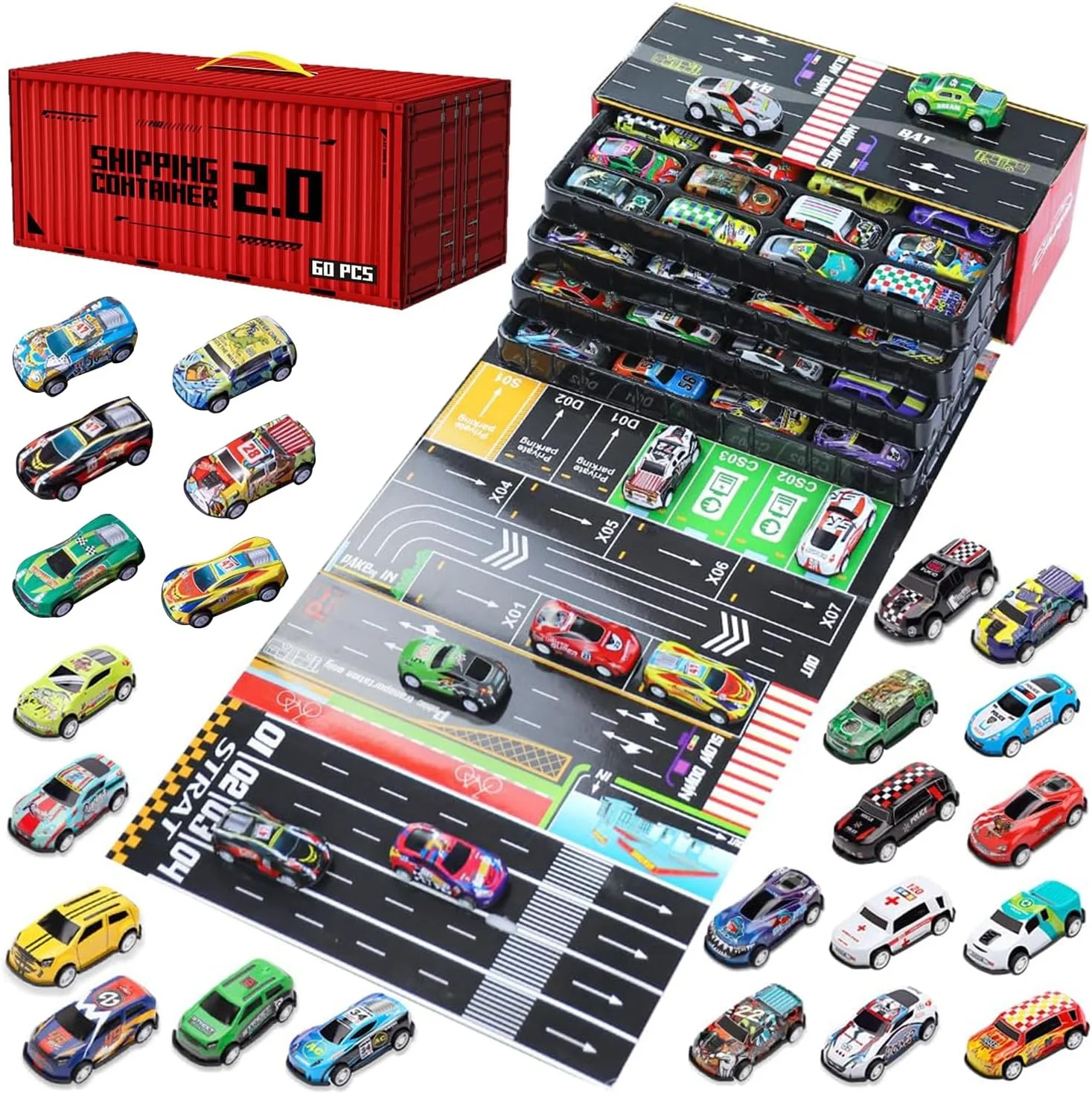 مجموعه 60 عددی ماشین های فلزی عقب کش، مینی ماشین های مسابقه ای برای کودکان، کامیون اسباب بازی با محفظه نگهداری و نقشه های پیست برای پسران و دختران 3+ سال